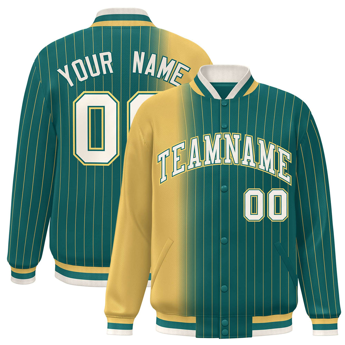 Custom Aqua Old-Gold Pinstripe White-Old Gold Gradient Fashion Varsity Full-Snap Jacket