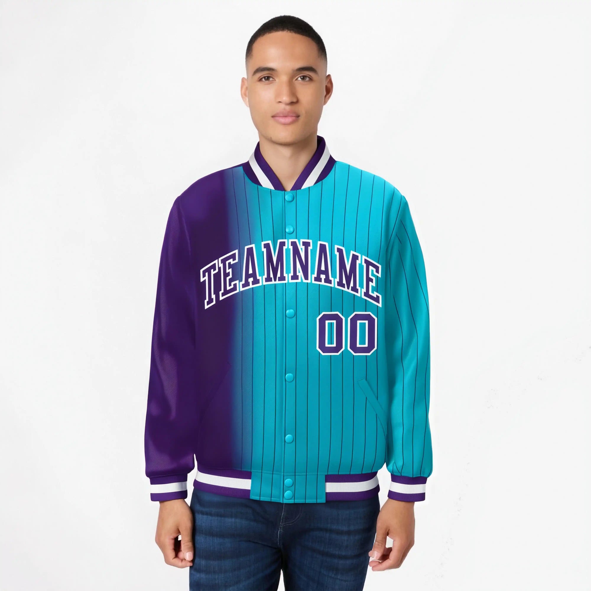 Custom Aqua Purple Pinstripe White-Purple Gradient Fashion Varsity Full-Snap Jacket