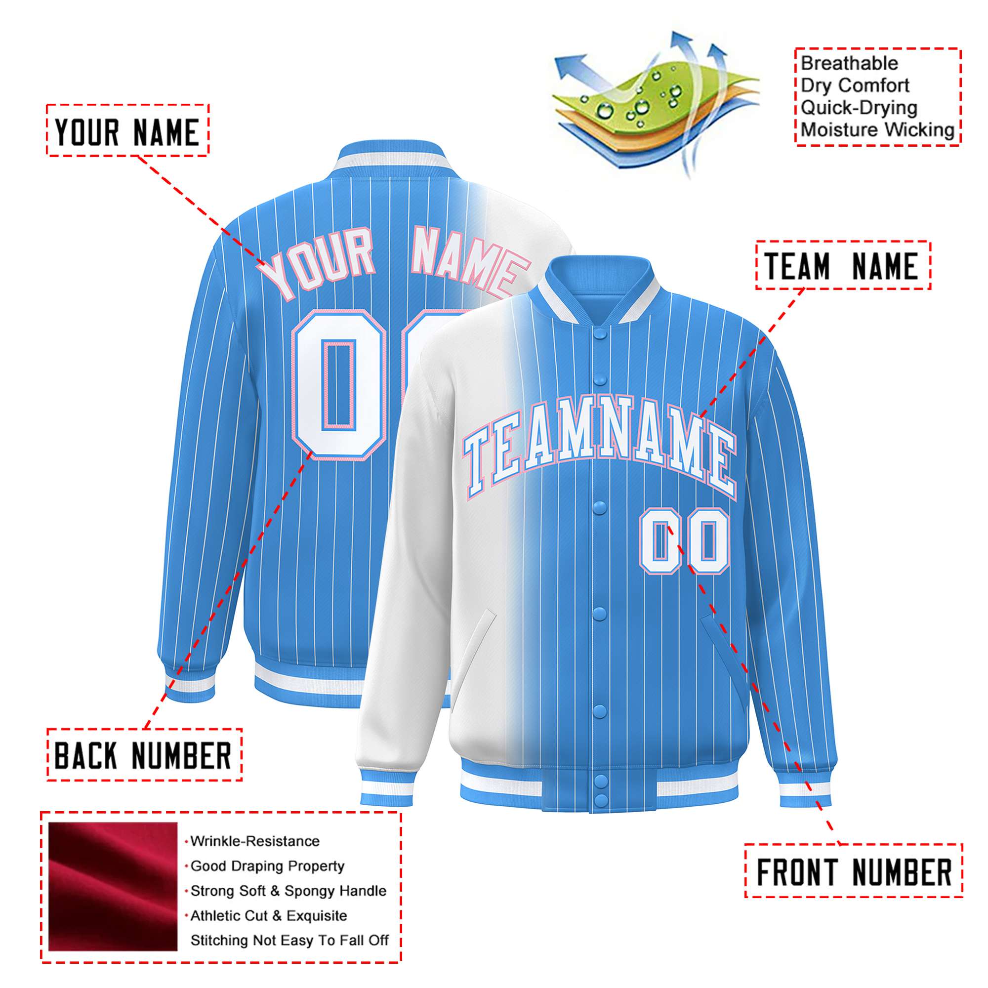 Custom Powder Blue White Pinstripe Powder Blue-White Gradient Fashion Varsity Full-Snap Jacket
