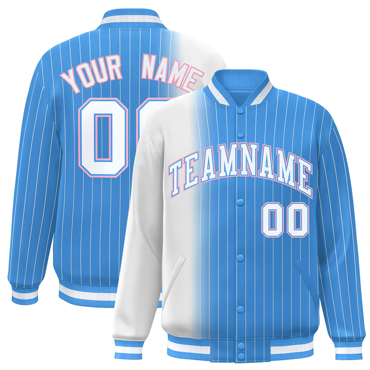Custom Powder Blue White Pinstripe Powder Blue-White Gradient Fashion Varsity Full-Snap Jacket