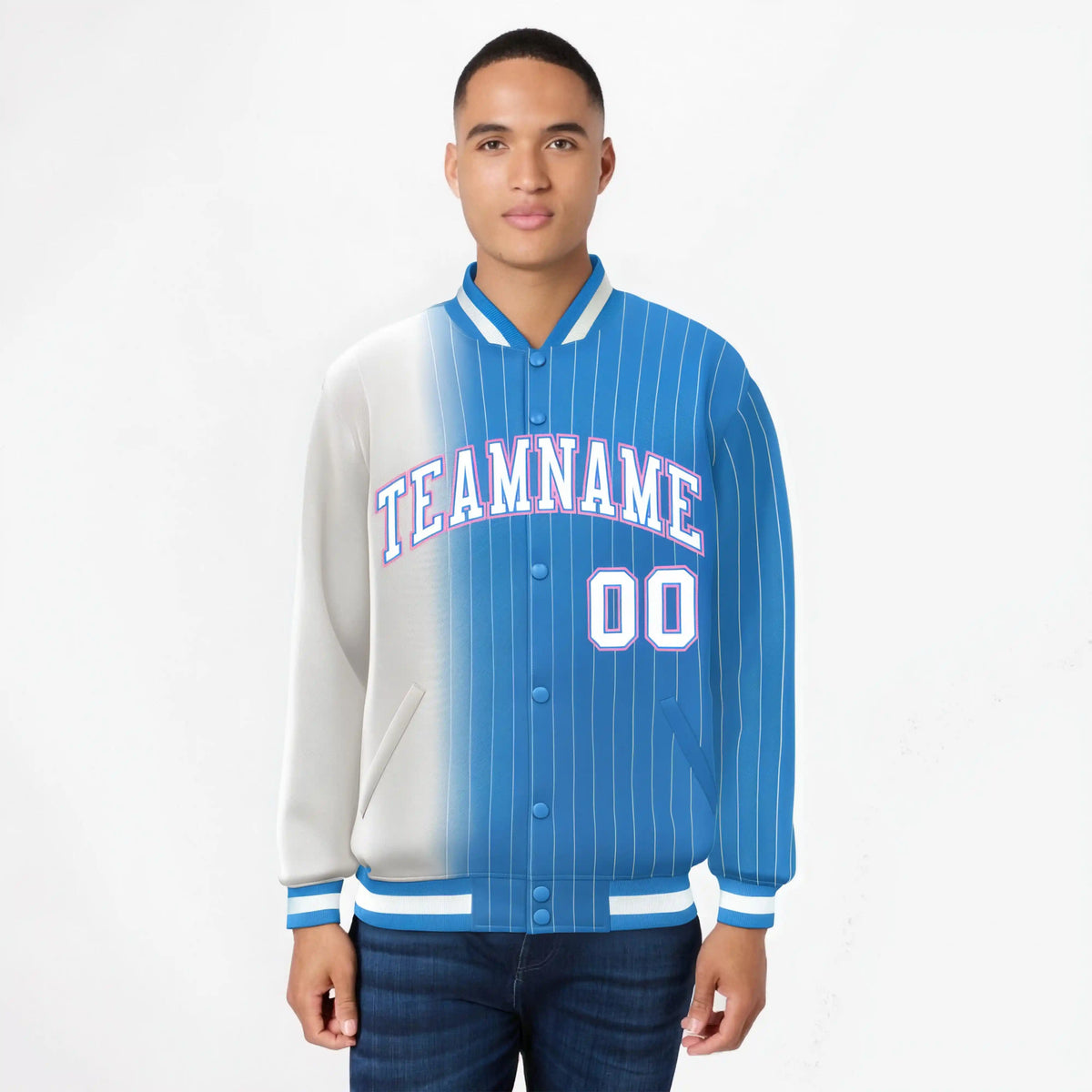 Custom Powder Blue White Pinstripe Powder Blue-White Gradient Fashion Varsity Full-Snap Jacket
