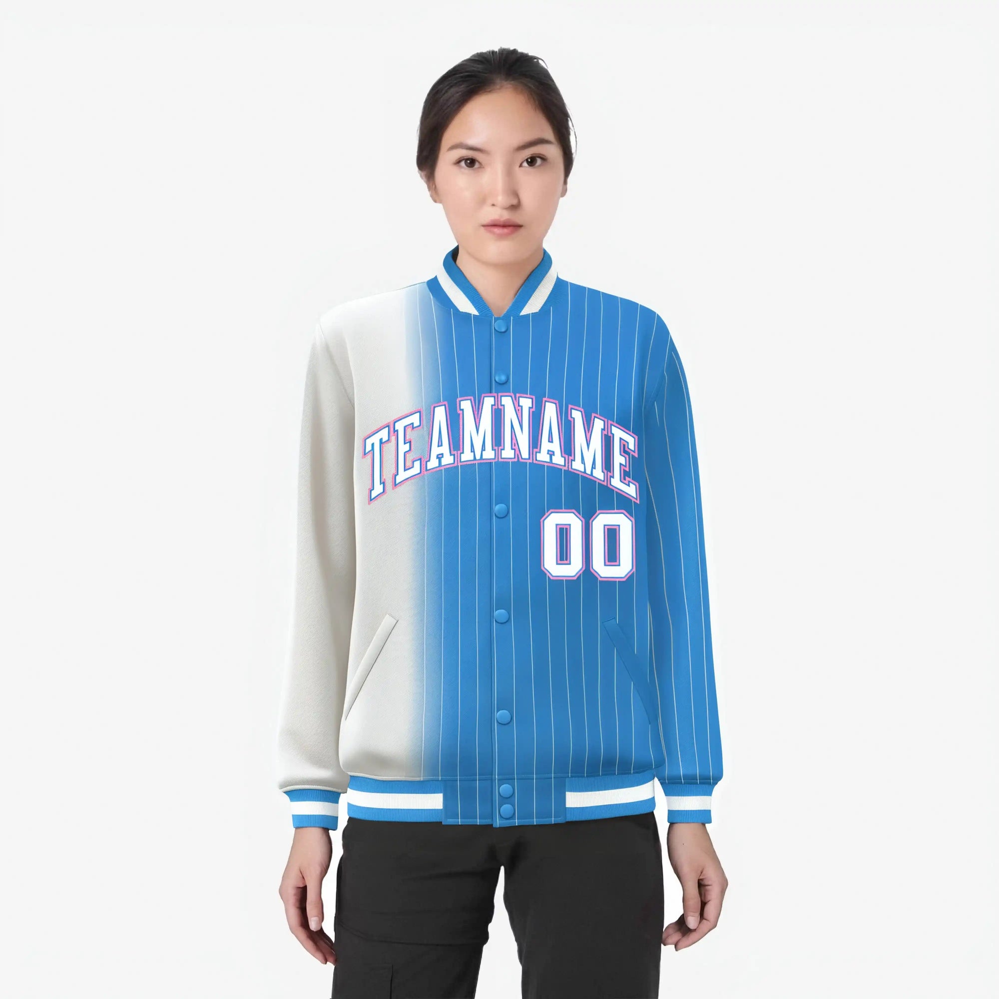 Custom Powder Blue White Pinstripe Powder Blue-White Gradient Fashion Varsity Full-Snap Jacket