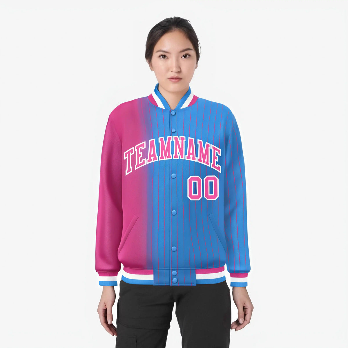 Custom Powder Blue Pink Pinstripe White-Pink Gradient Fashion Varsity Full-Snap Jacket