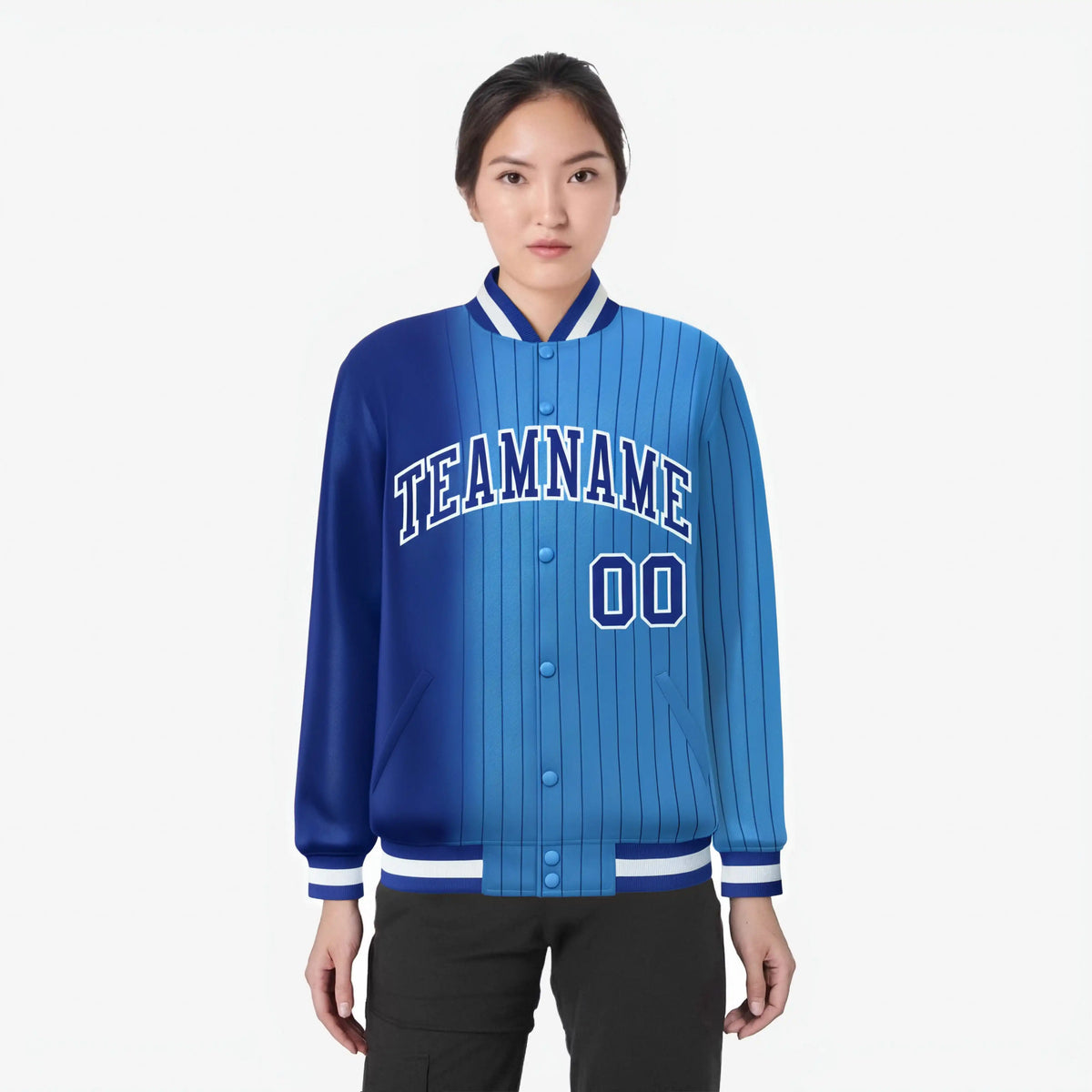 Custom Powder Blue Royal-Blue Pinstripe White-Royal Blue Gradient Fashion Varsity Full-Snap Jacket