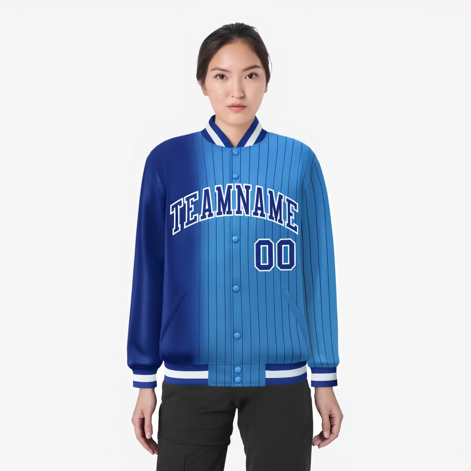 Custom Powder Blue Royal-Blue Pinstripe White-Royal Blue Gradient Fashion Varsity Full-Snap Jacket
