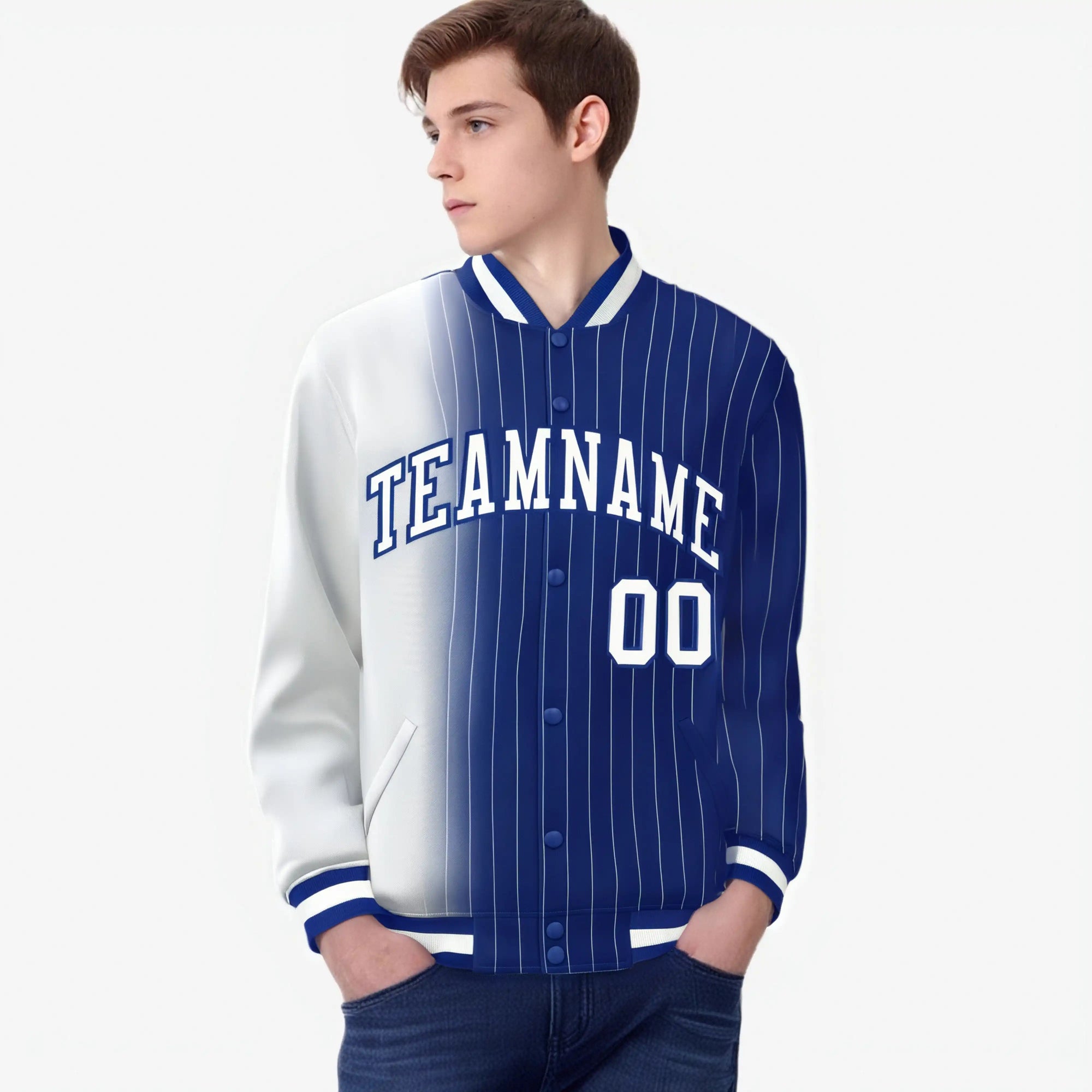 Custom Royal Blue White Pinstripe Royal Blue-White Gradient Fashion Varsity Full-Snap Jacket