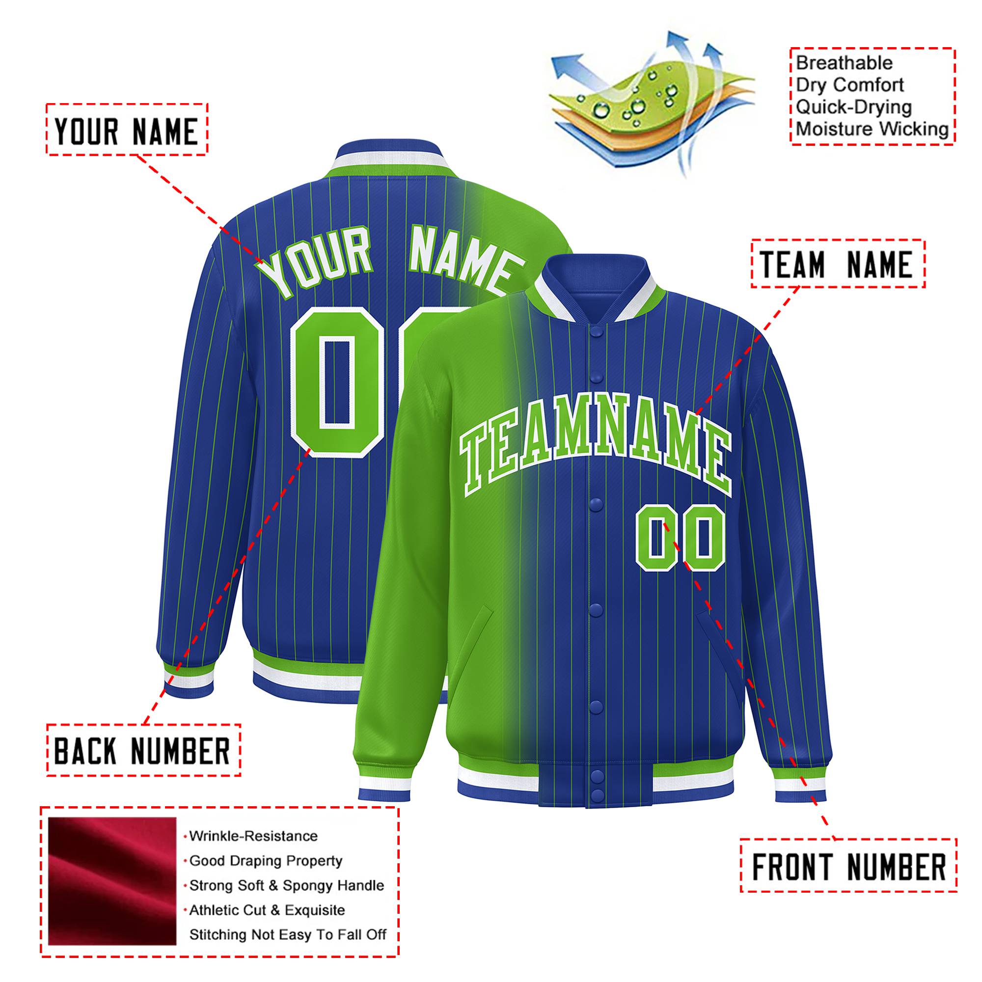 Custom Royal Blue Neon-Green Pinstripe White-Neon Green Gradient Fashion Varsity Full-Snap Jacket