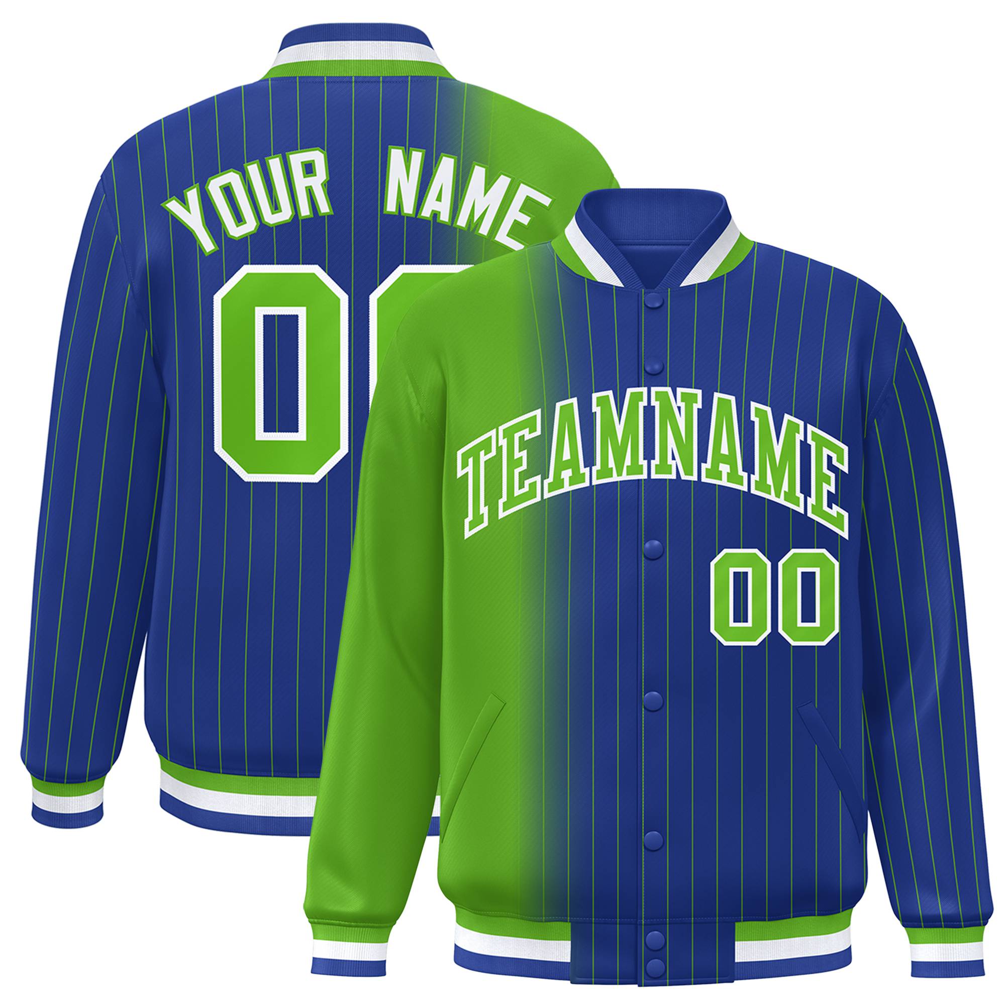 Custom Royal Blue Neon-Green Pinstripe White-Neon Green Gradient Fashion Varsity Full-Snap Jacket