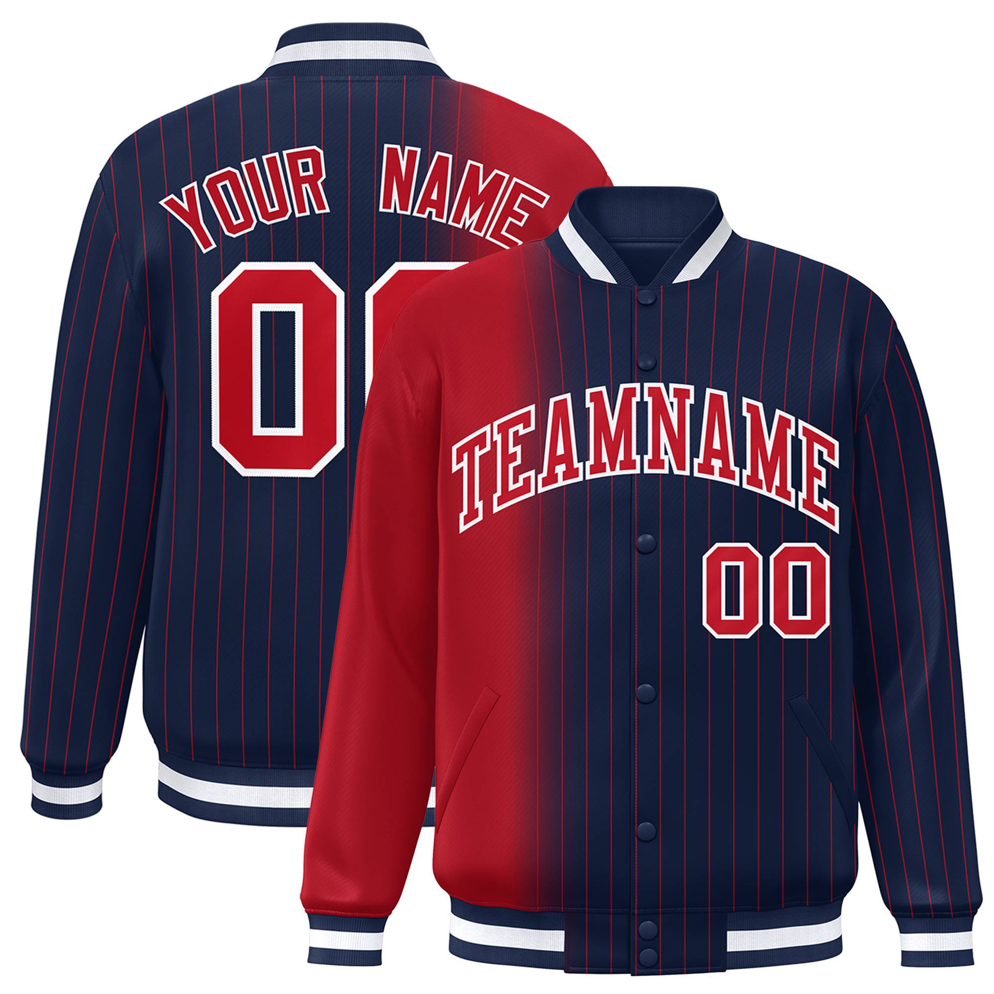 Custom Navy Red Pinstripe White-Red Gradient Fashion Varsity Full-Snap Jacket