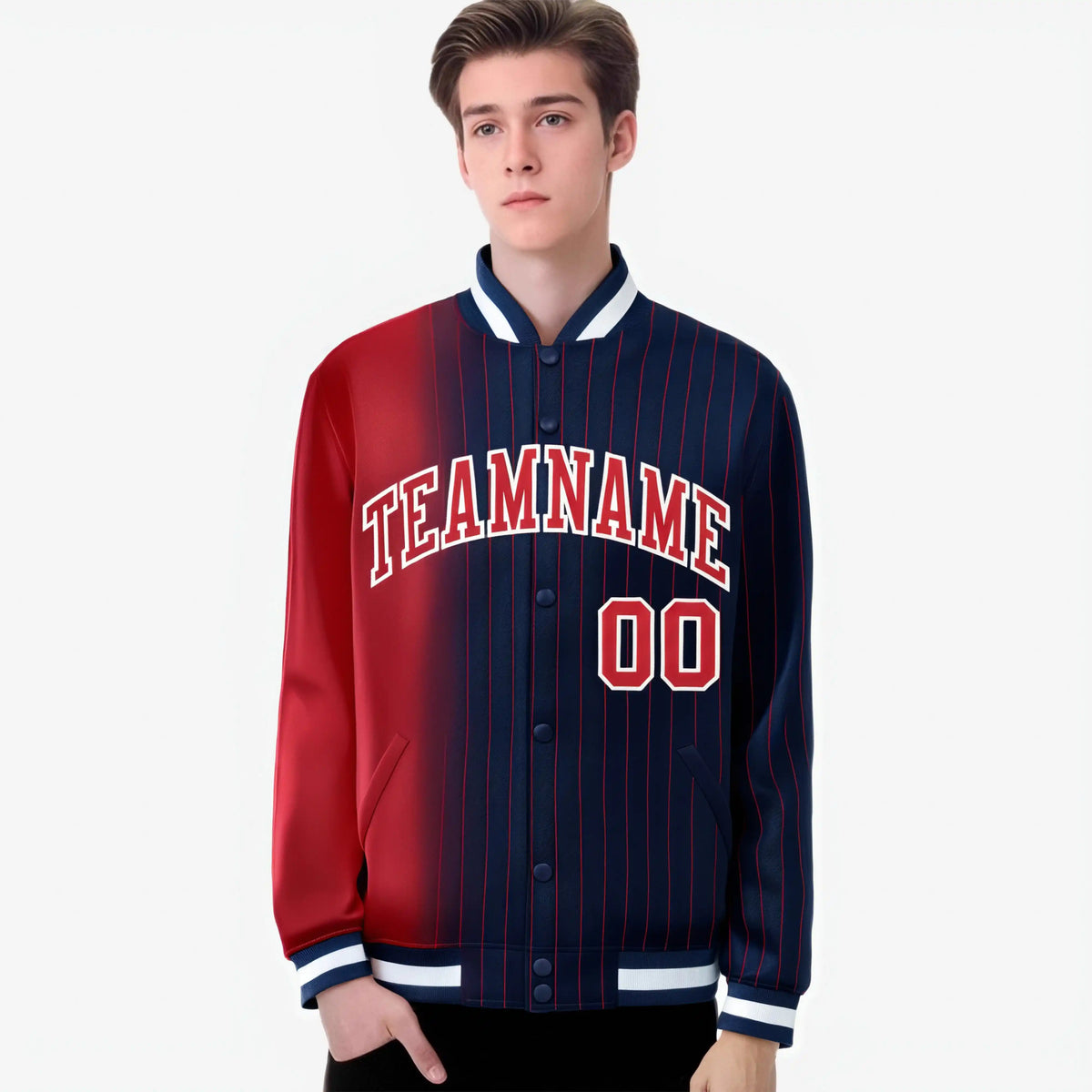 Custom Navy Red Pinstripe White-Red Gradient Fashion Varsity Full-Snap Jacket
