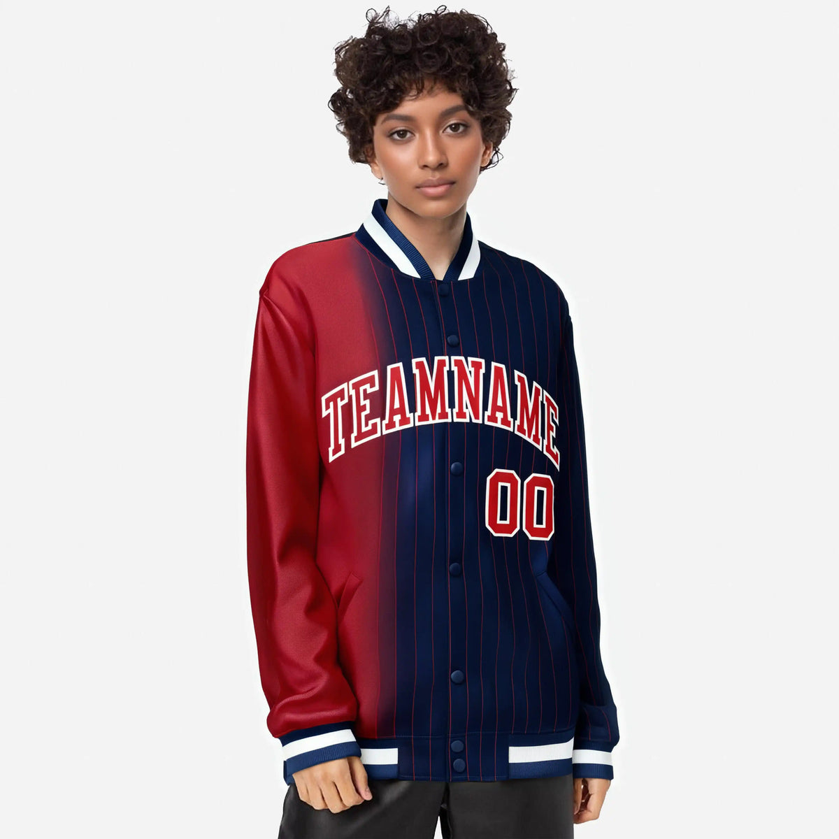 Custom Navy Red Pinstripe White-Red Gradient Fashion Varsity Full-Snap Jacket