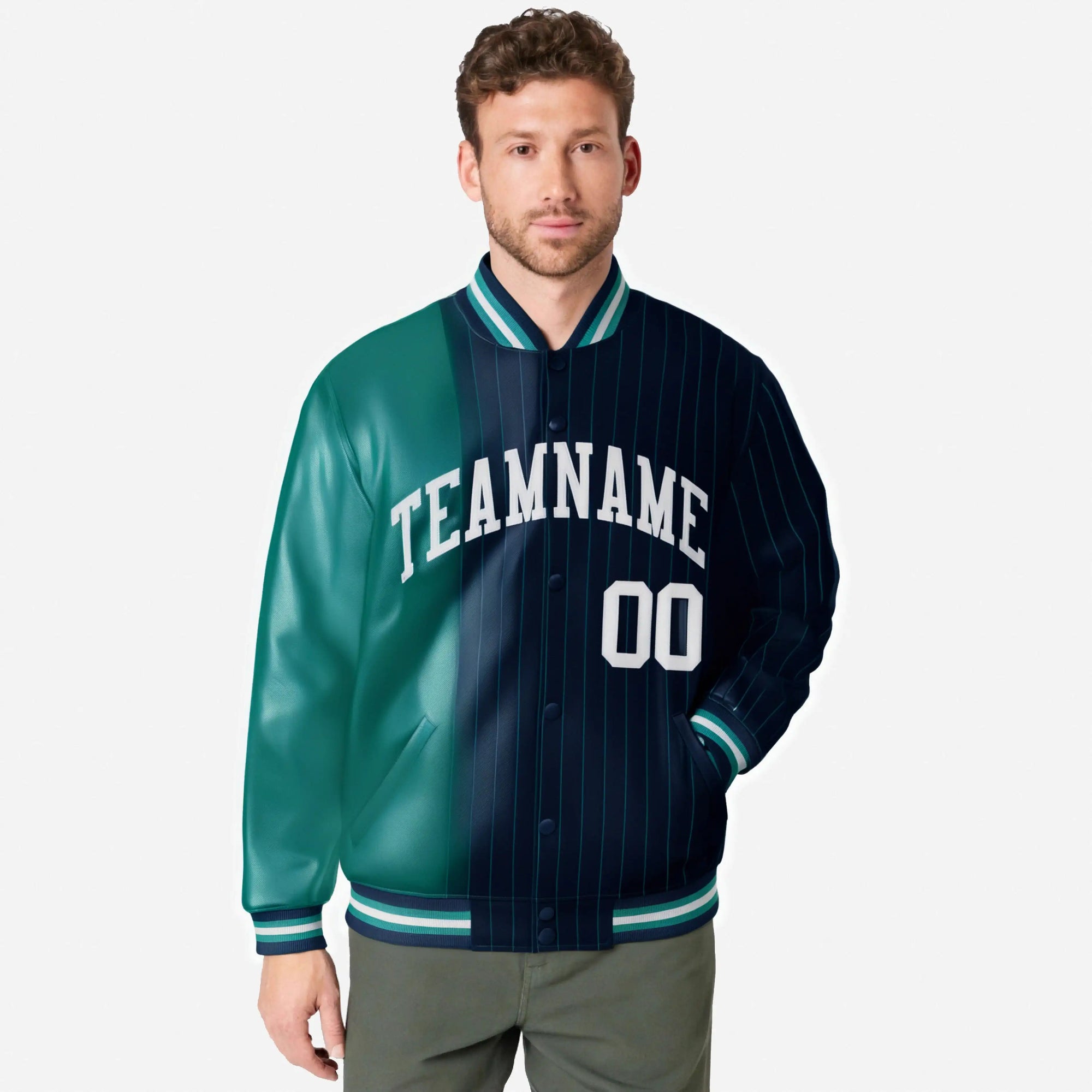 Custom Navy Aqua Pinstripe Gray-Aqua Gradient Fashion Varsity Full-Snap Jacket