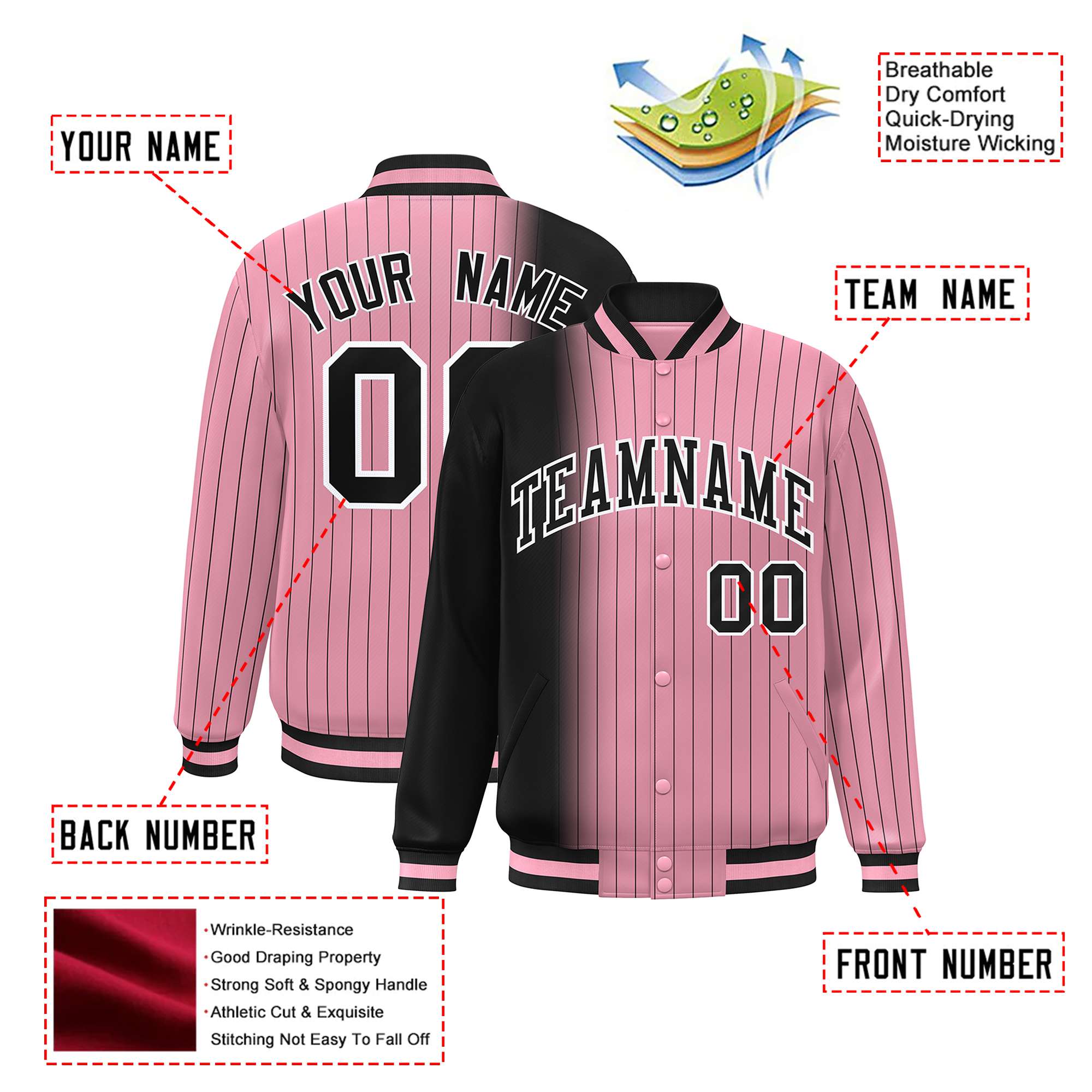 Custom Light Pink Black Pinstripe White-Black Gradient Fashion Varsity Full-Snap Jacket