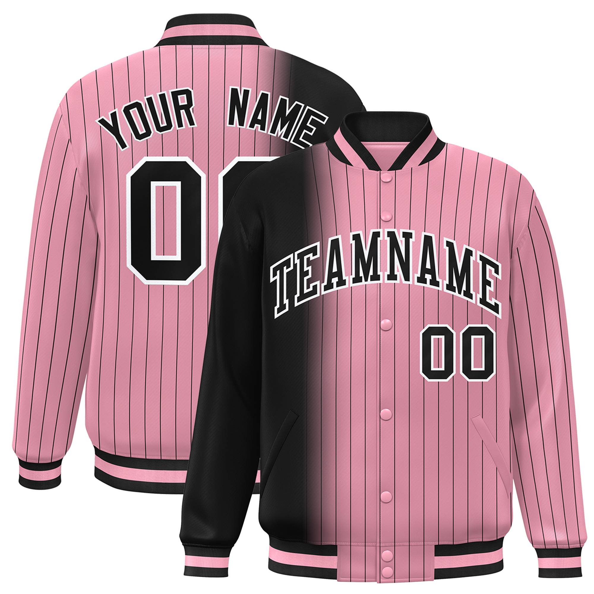 Custom Light Pink Black Pinstripe White-Black Gradient Fashion Varsity Full-Snap Jacket