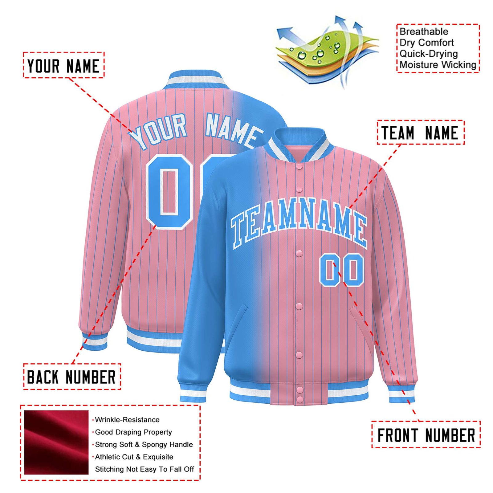 Custom Light Pink Powder-Blue Pinstripe White-Powder Blue Gradient Fashion Varsity Full-Snap Jacket
