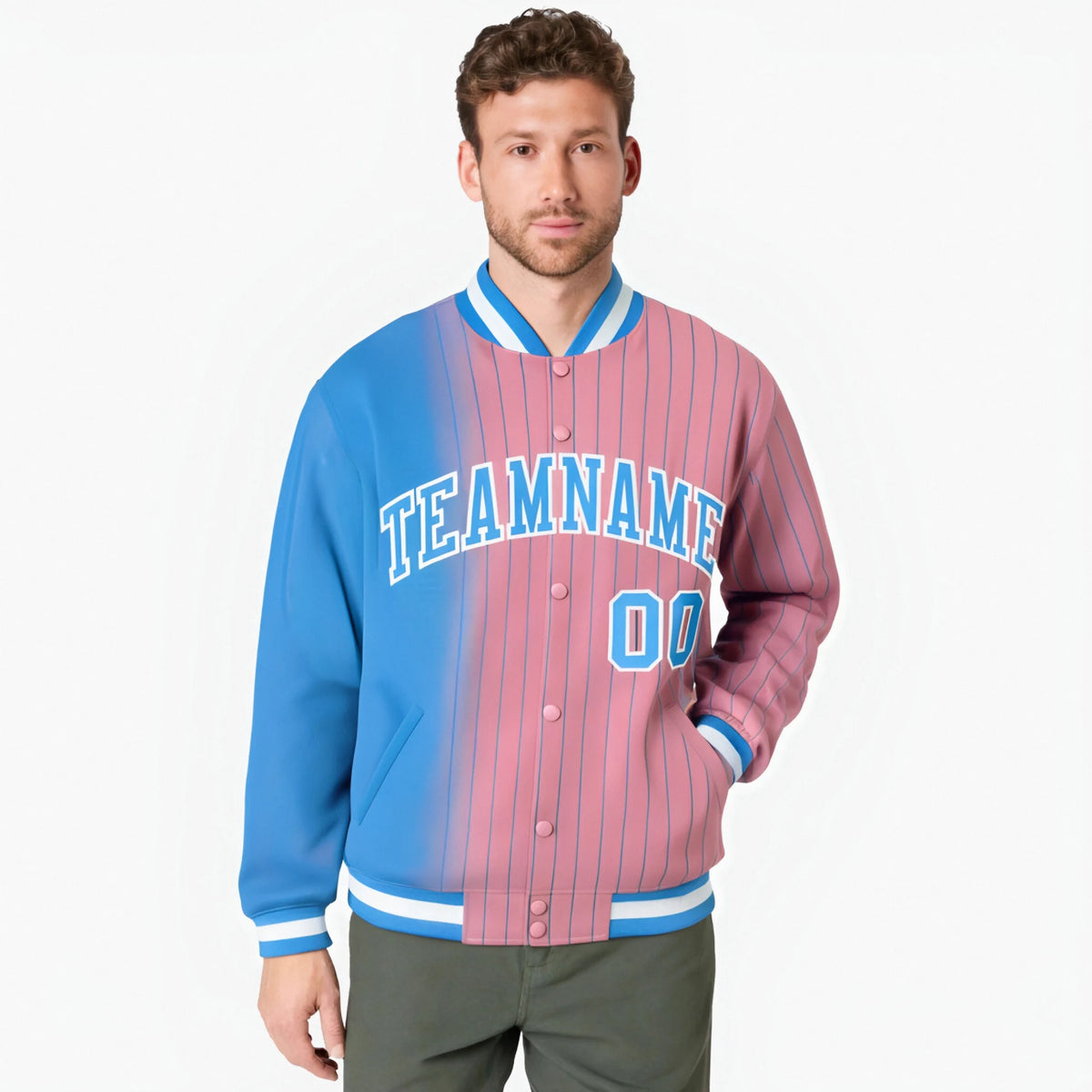 Custom Light Pink Powder-Blue Pinstripe White-Powder Blue Gradient Fashion Varsity Full-Snap Jacket