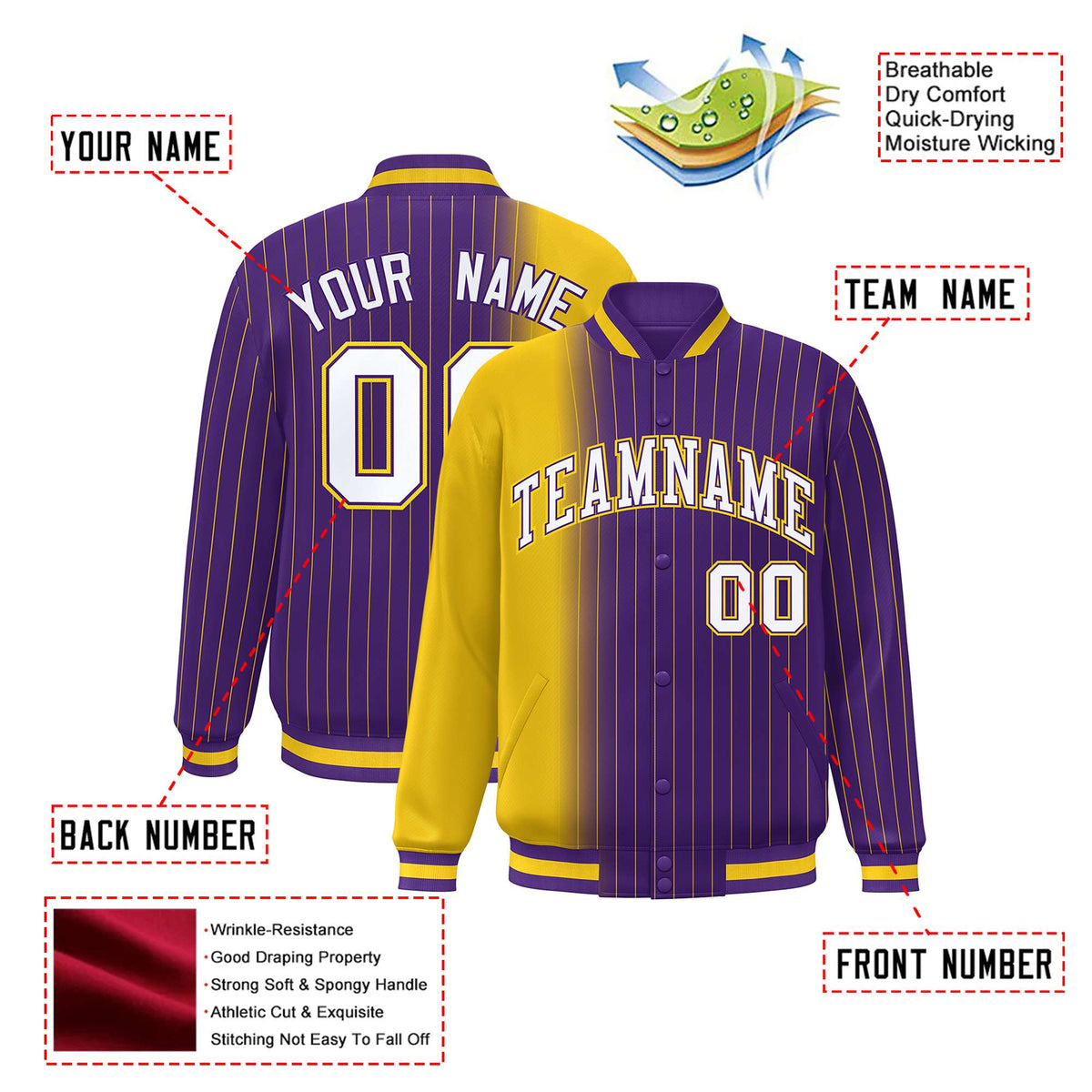 Custom Purple Gold Pinstripe White-Gold Gradient Fashion Varsity Full-Snap Jacket