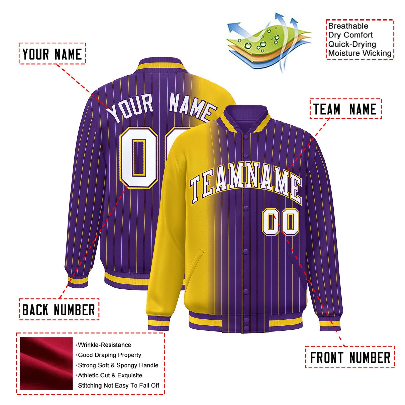 Custom Purple Gold Pinstripe White-Gold Gradient Fashion Varsity Full-Snap Jacket