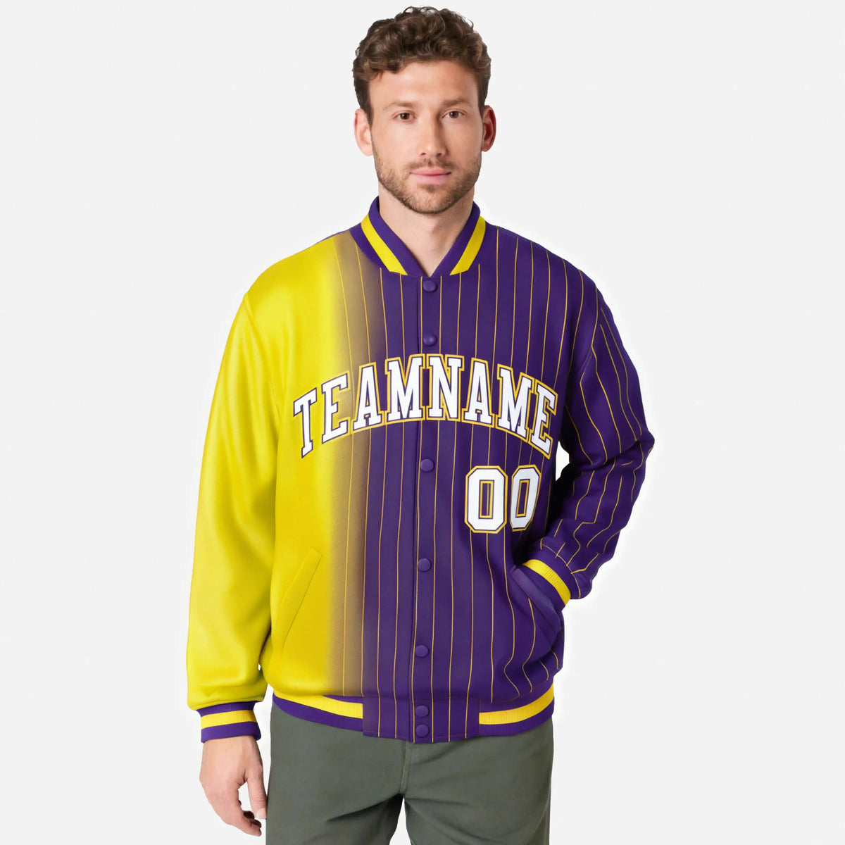 Custom Purple Gold Pinstripe White-Gold Gradient Fashion Varsity Full-Snap Jacket