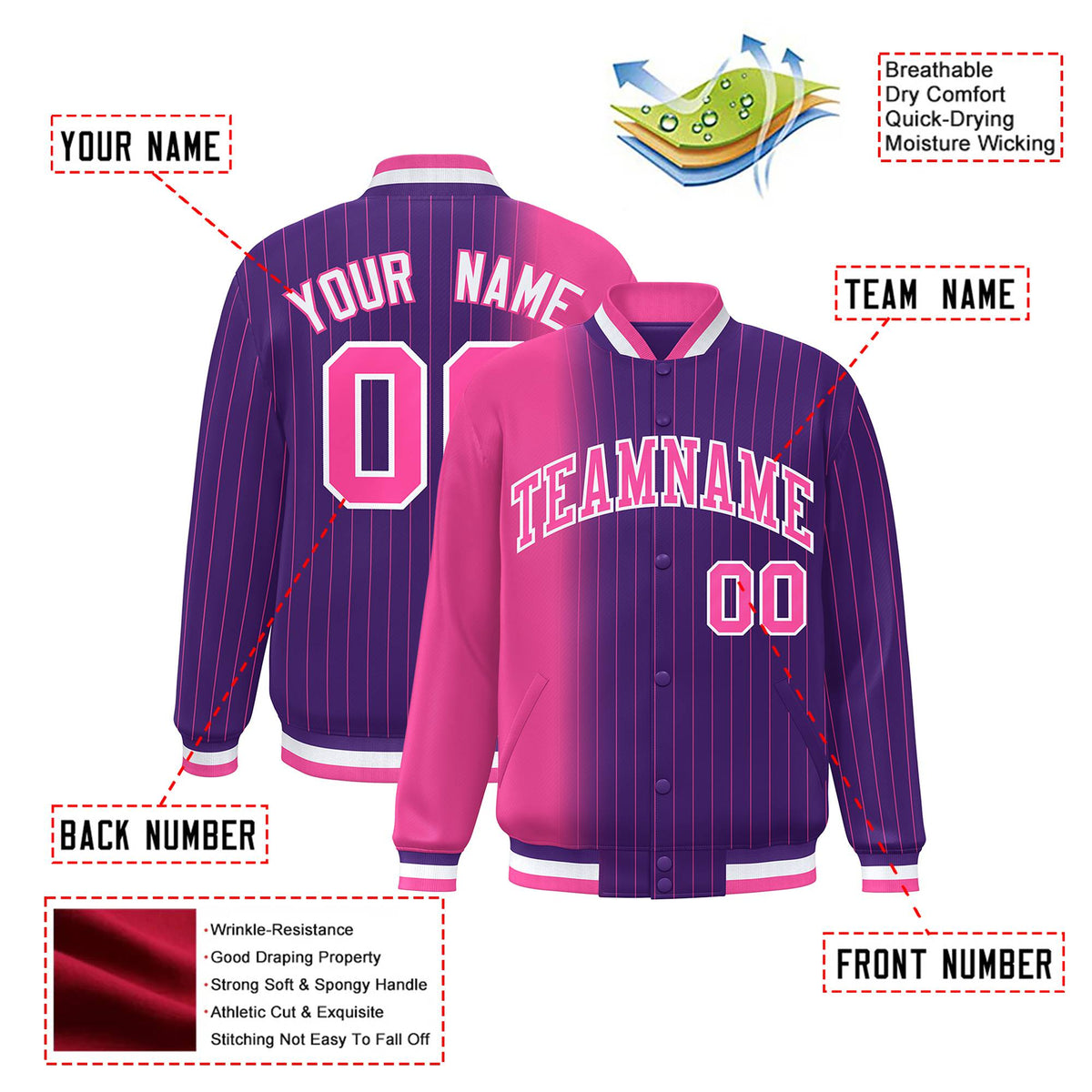 Custom Purple Pink Pinstripe White-Pink Gradient Fashion Varsity Full-Snap Jacket