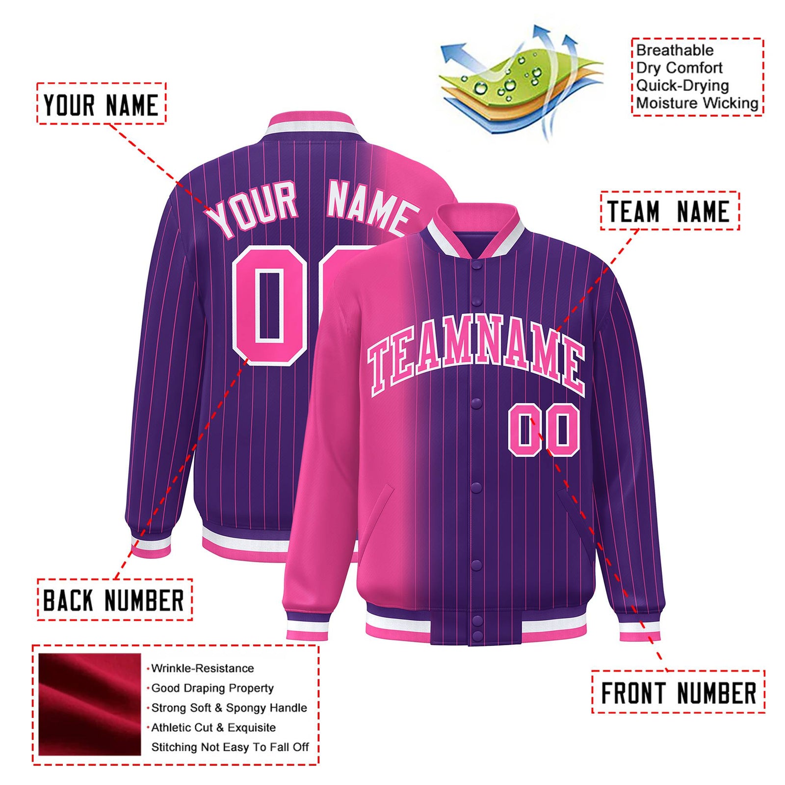 Custom Purple Pink Pinstripe White-Pink Gradient Fashion Varsity Full-Snap Jacket