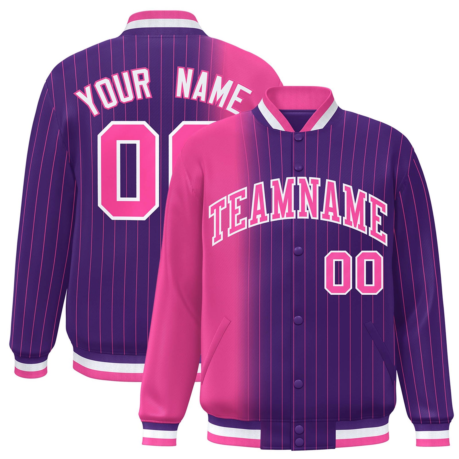 Custom Purple Pink Pinstripe White-Pink Gradient Fashion Varsity Full-Snap Jacket