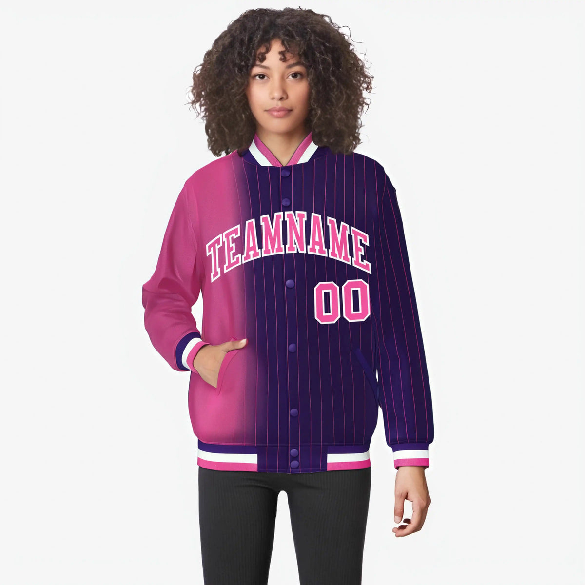 Custom Purple Pink Pinstripe White-Pink Gradient Fashion Varsity Full-Snap Jacket