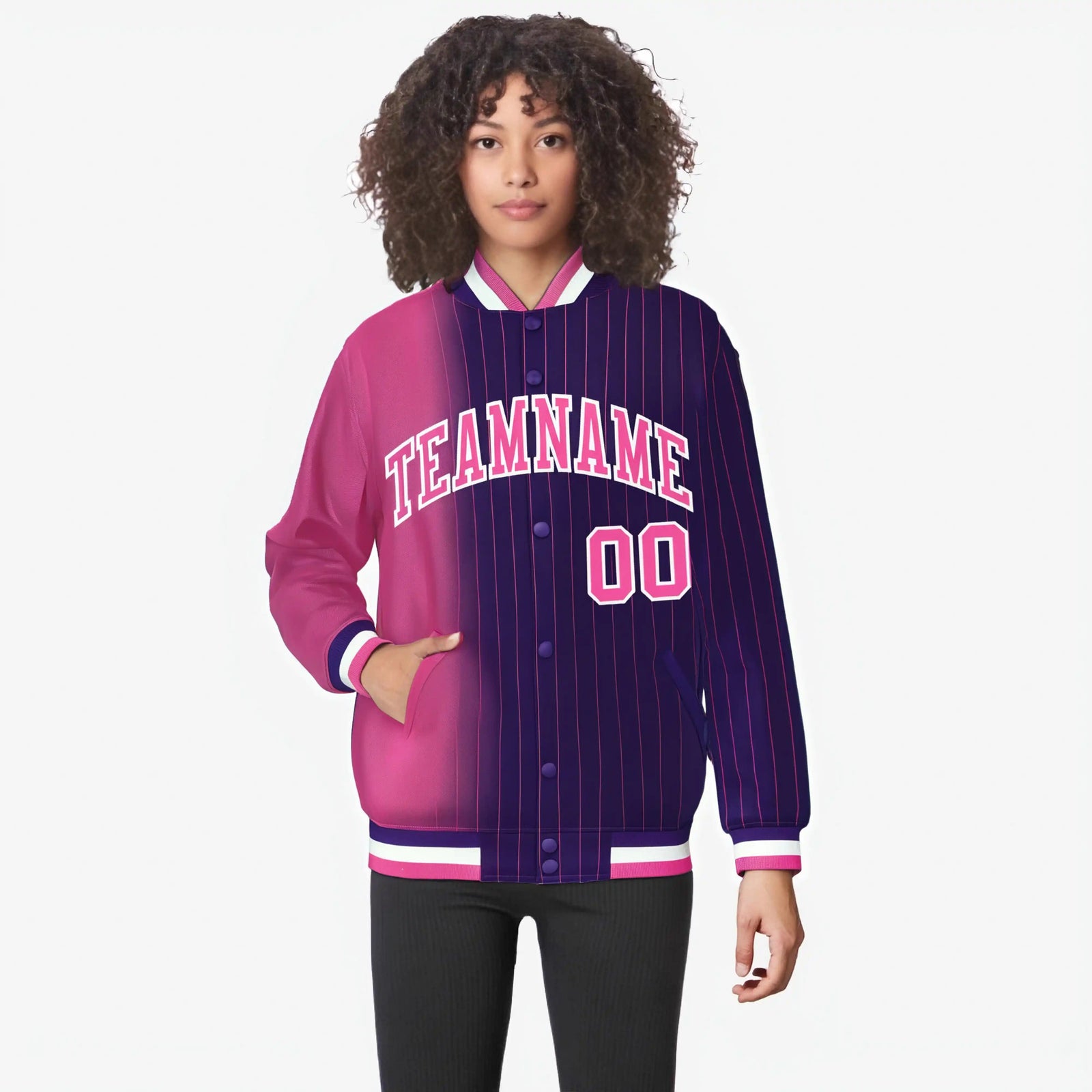 Custom Purple Pink Pinstripe White-Pink Gradient Fashion Varsity Full-Snap Jacket