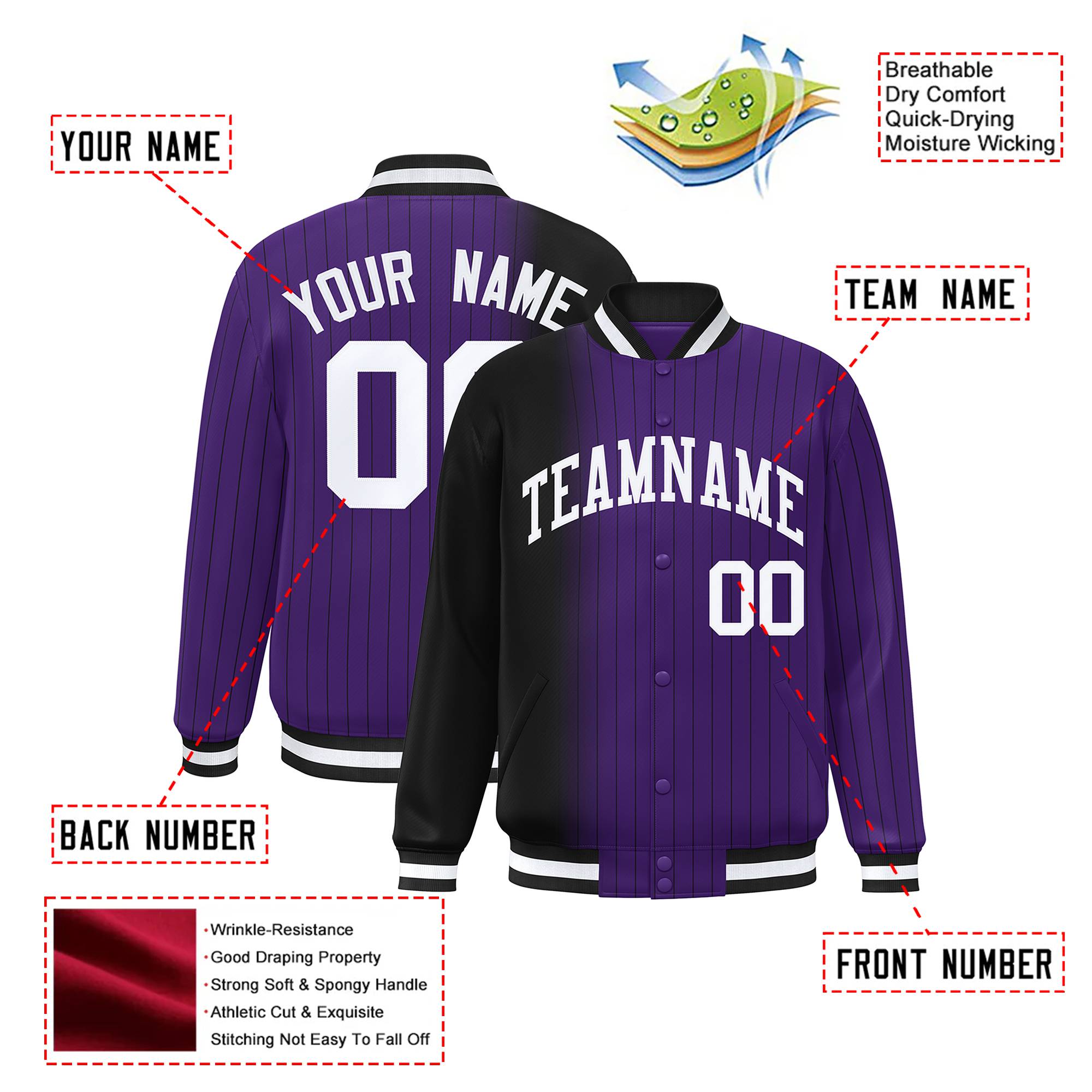 Custom Purple Black Pinstripe White-Black Gradient Fashion Varsity Full-Snap Jacket