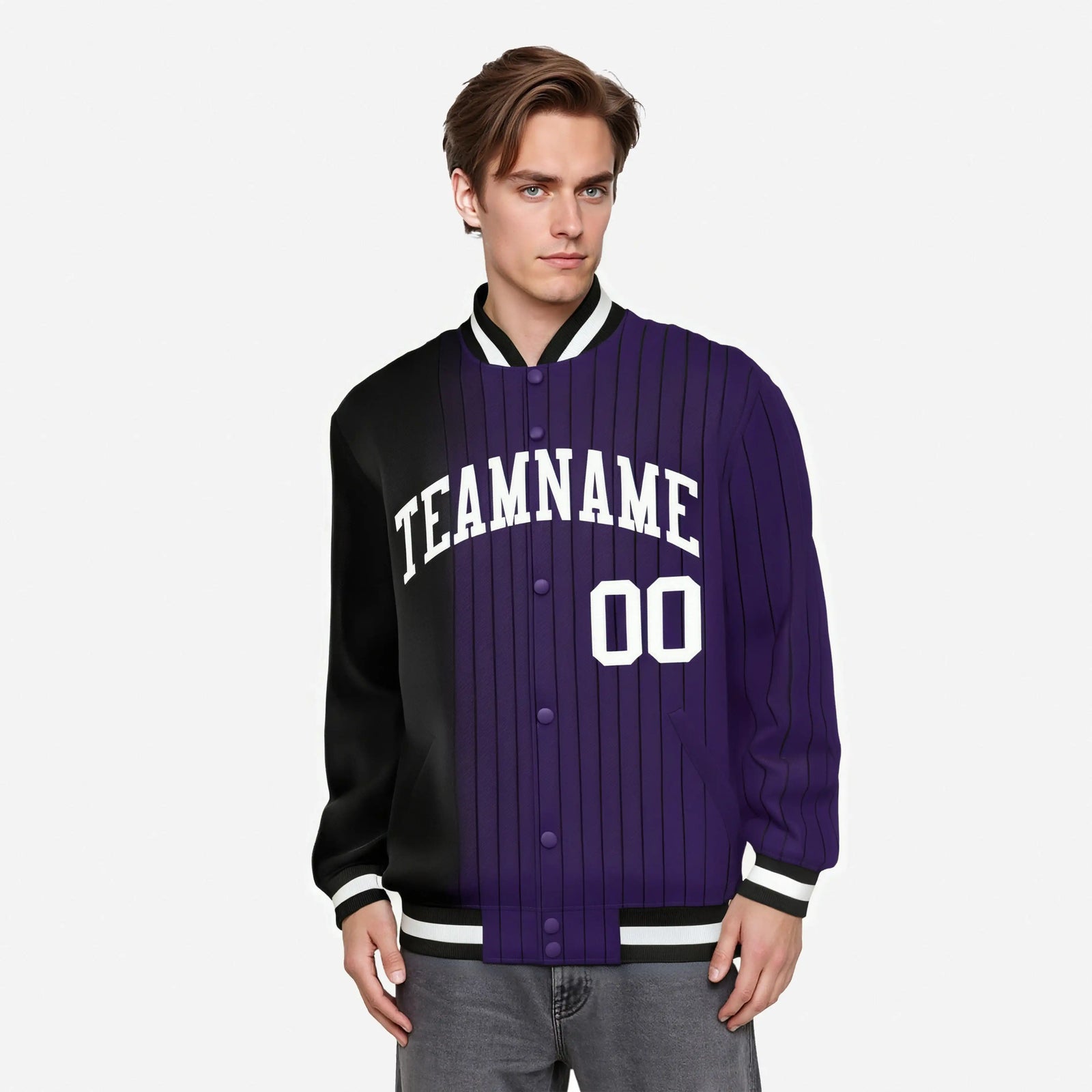 Custom Purple Black Pinstripe White-Black Gradient Fashion Varsity Full-Snap Jacket