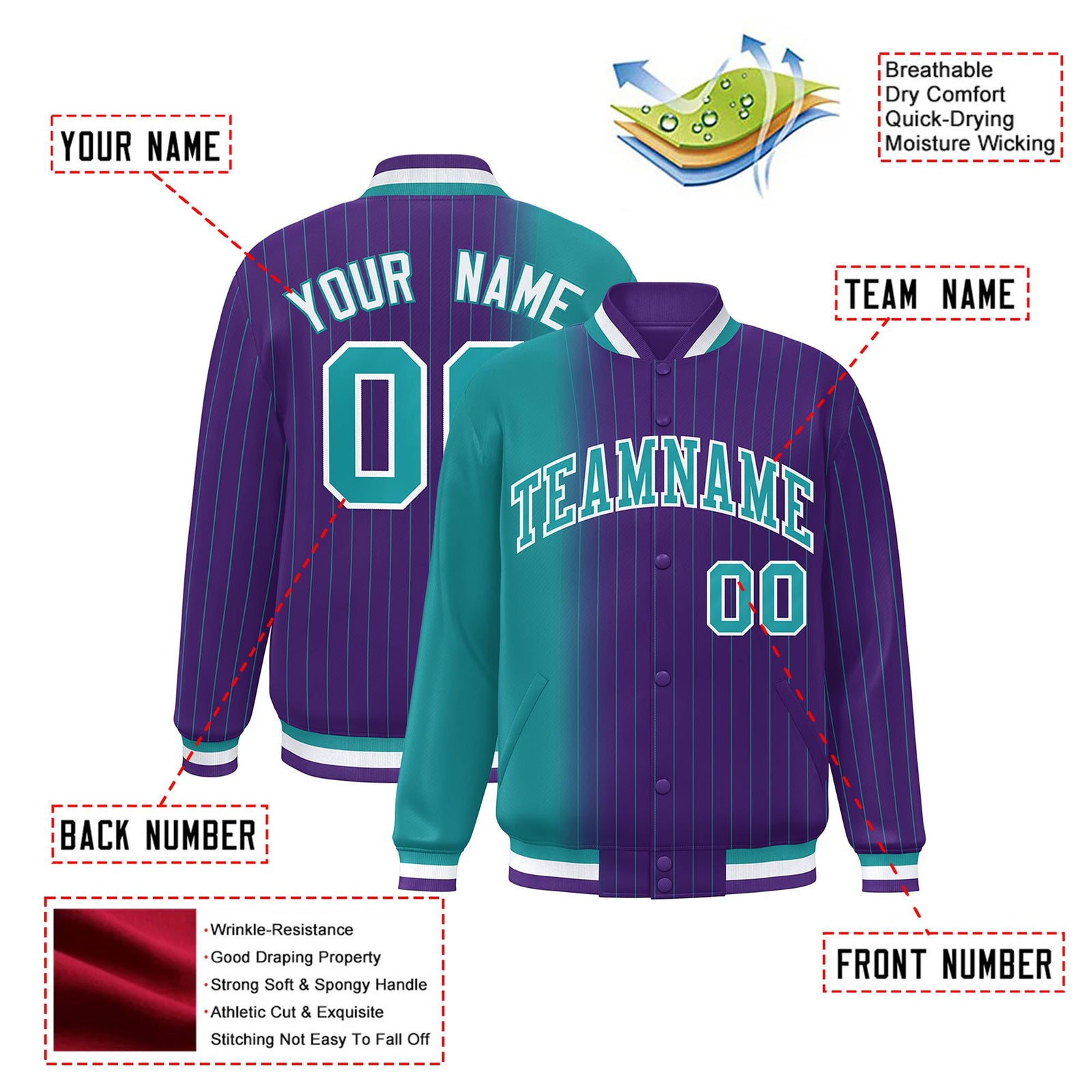 Custom Purple Aqua Pinstripe White-Aqua Gradient Fashion Varsity Full-Snap Jacket