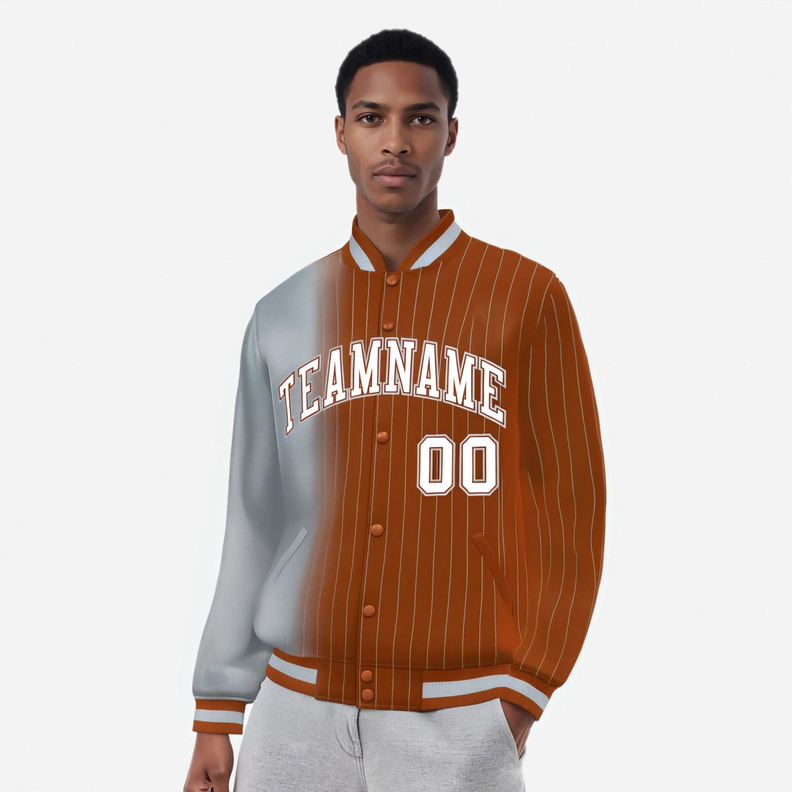 Custom Gray Orange Pinstripe White-Gray Gradient Fashion Varsity Full-Snap Jacket