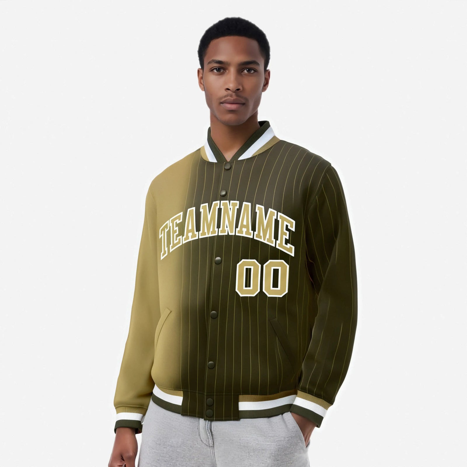 Custom Olive Old Gold Pinstripe White-Old Gold Gradient Fashion Varsity Full-Snap Jacket