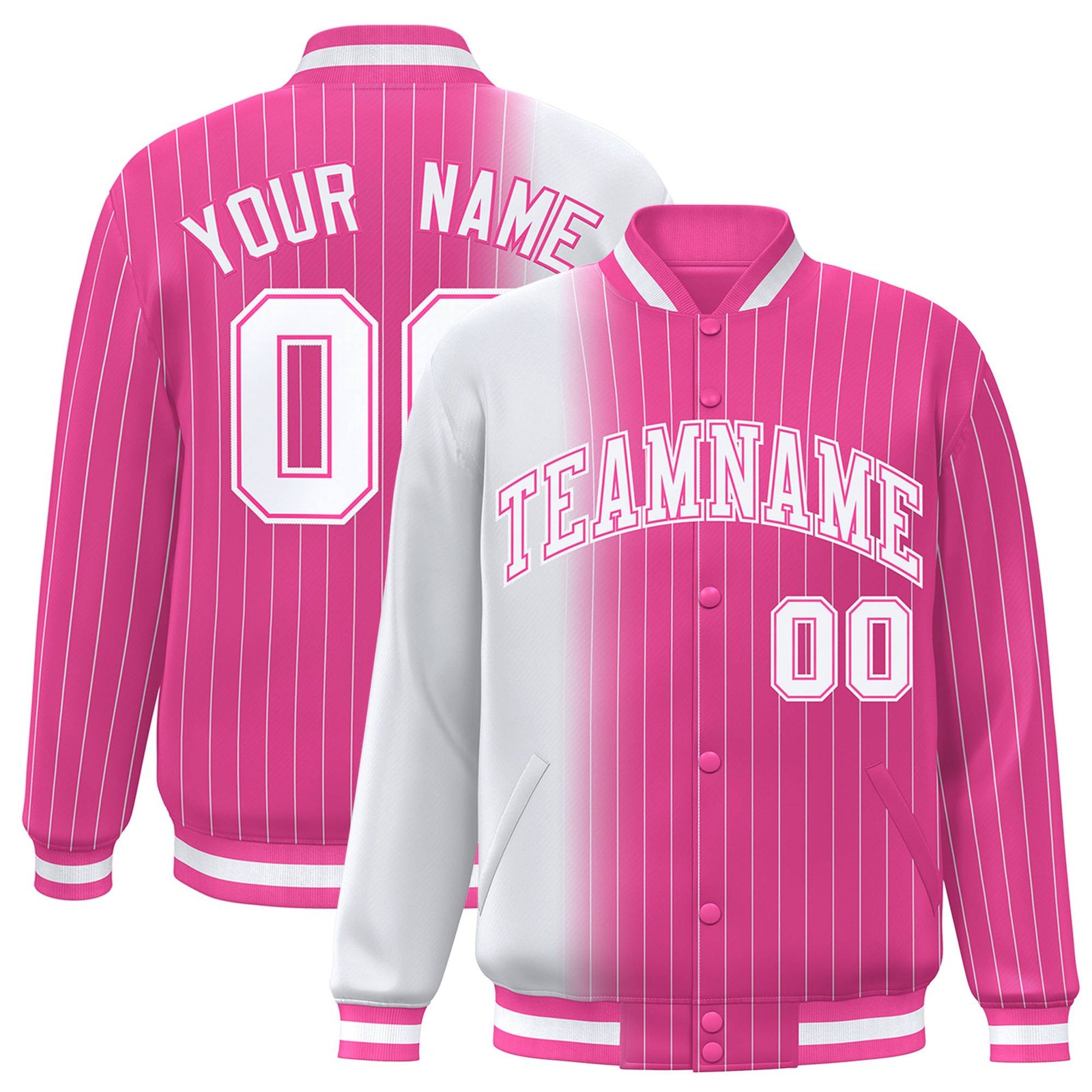 Custom Pink White Pinstripe Pink-White Gradient Fashion Varsity Full-Snap Jacket