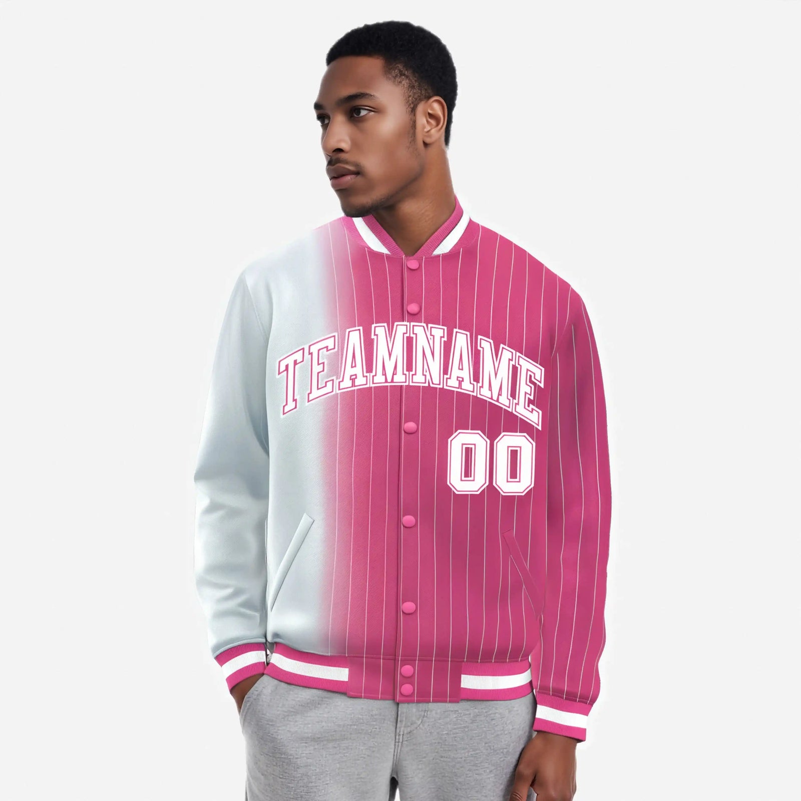 Custom Pink White Pinstripe Pink-White Gradient Fashion Varsity Full-Snap Jacket
