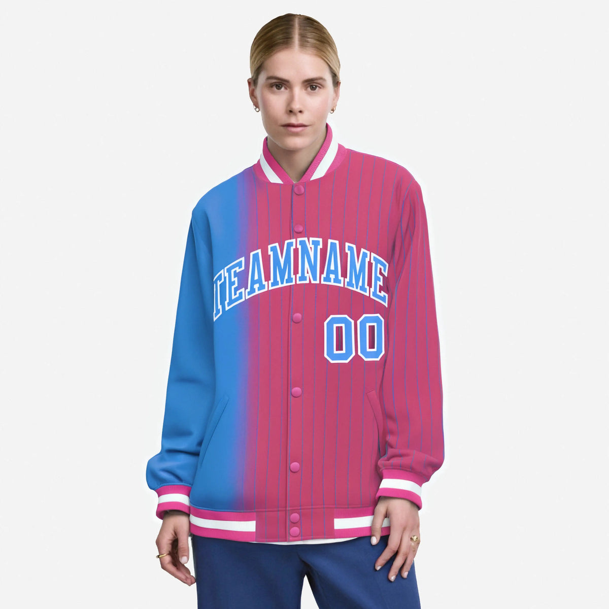 Custom Pink Powder Blue Pinstripe White-Powder Blue Gradient Fashion Varsity Full-Snap Jacket