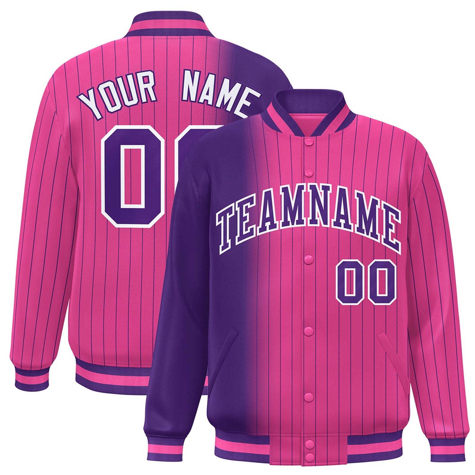 Custom Pink Purple Pinstripe White-Purple Gradient Fashion Varsity Full-Snap Jacket