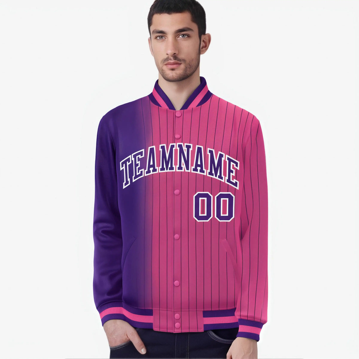 Custom Pink Purple Pinstripe White-Purple Gradient Fashion Varsity Full-Snap Jacket