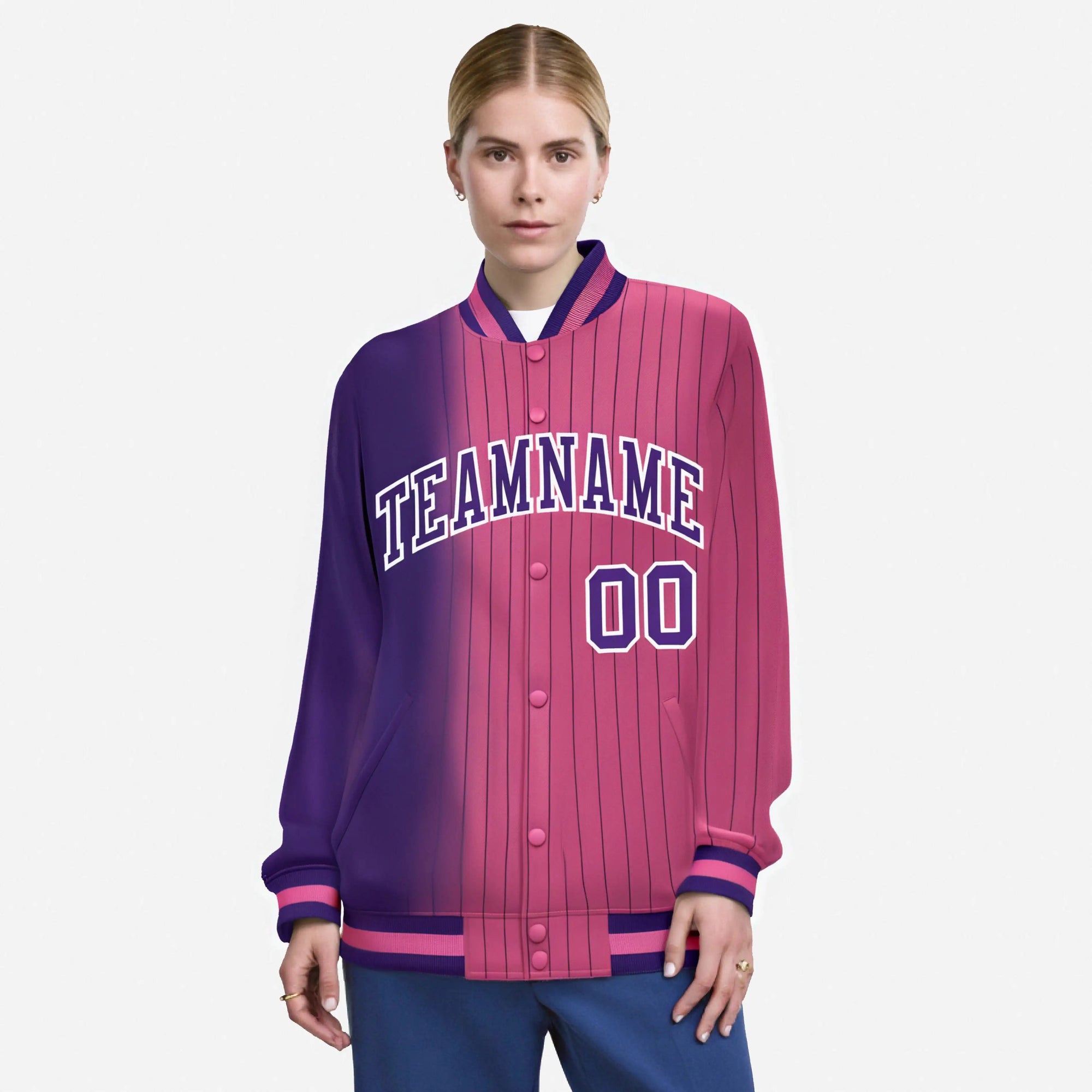 Custom Pink Purple Pinstripe White-Purple Gradient Fashion Varsity Full-Snap Jacket