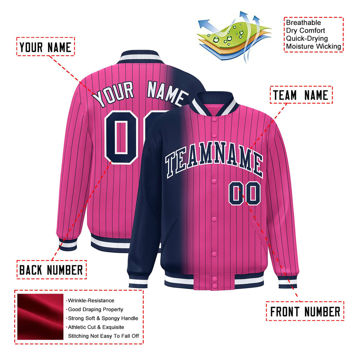 Custom Pink Navy Pinstripe White-Navy Gradient Fashion Varsity Full-Snap Jacket