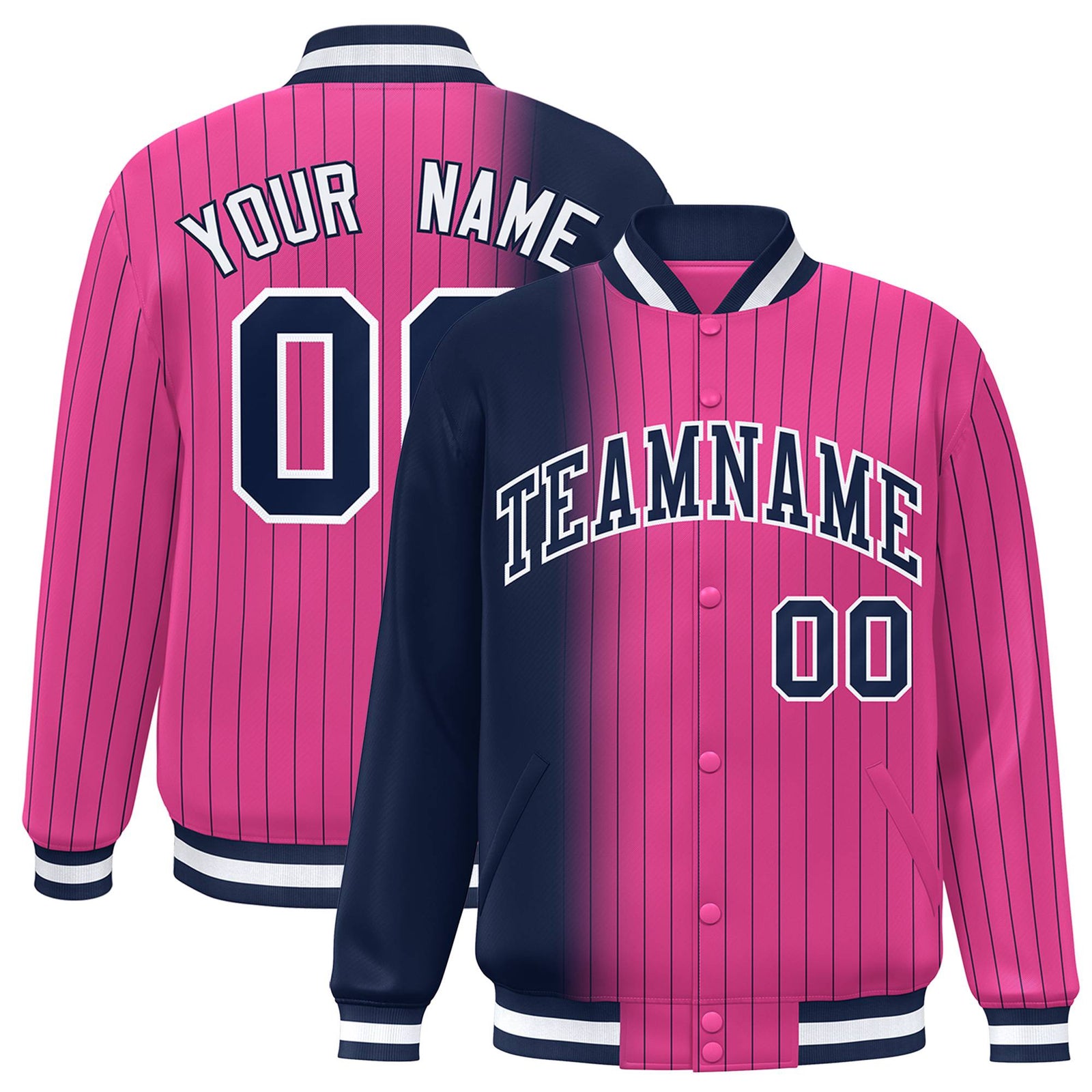 Custom Pink Navy Pinstripe White-Navy Gradient Fashion Varsity Full-Snap Jacket