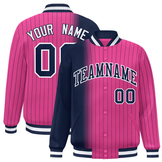 Chaqueta universitaria de moda con cierre completo, personalizada, con raya diplomática en rosa y azul marino y degradado - Estilo 1