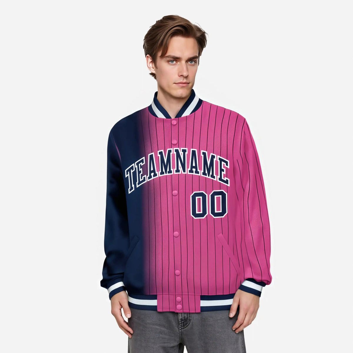 Custom Pink Navy Pinstripe White-Navy Gradient Fashion Varsity Full-Snap Jacket