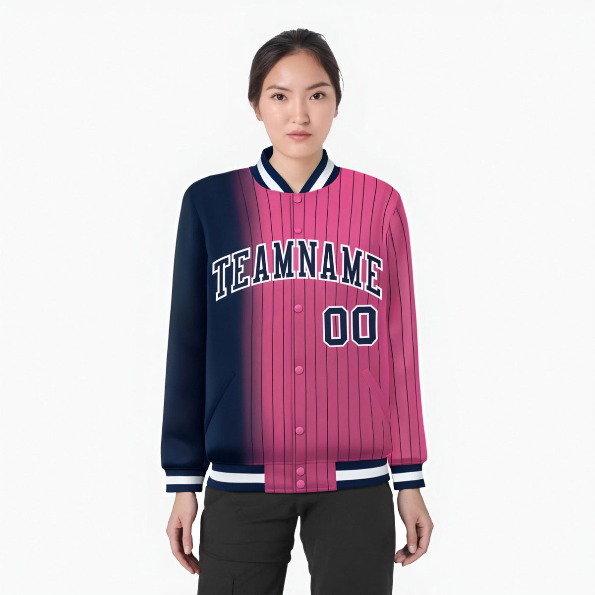 Custom Pink Navy Pinstripe White-Navy Gradient Fashion Varsity Full-Snap Jacket