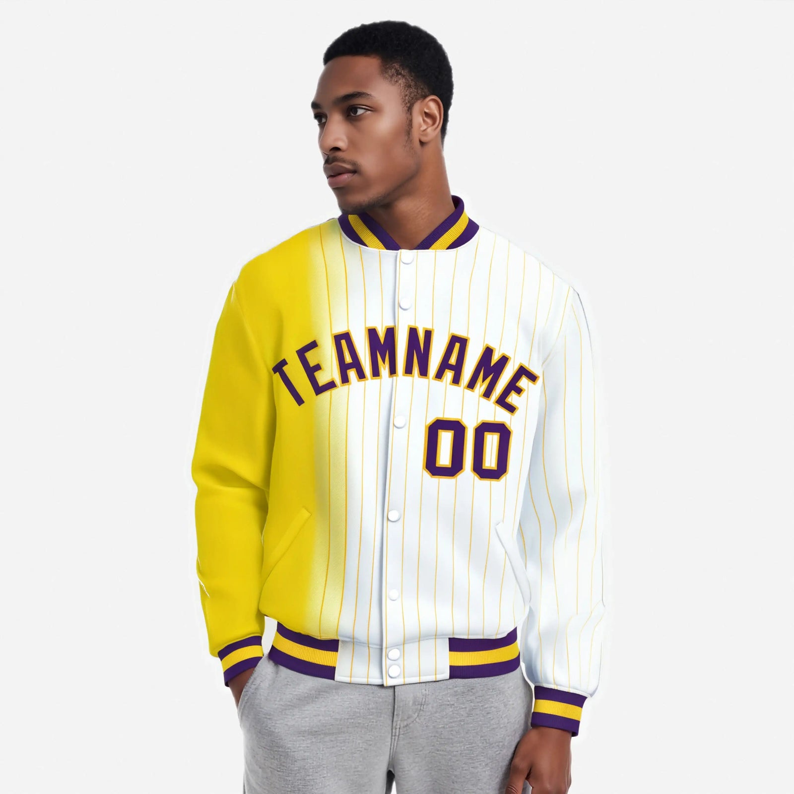 Chaqueta universitaria personalizada con cierre completo, con degradado blanco, morado y dorado