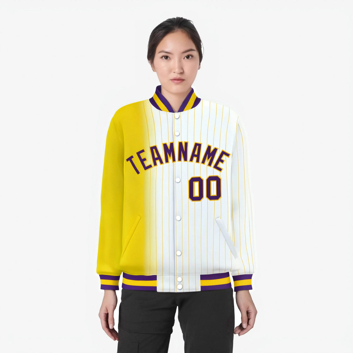 Custom White Gold Pinstripe Purple-Gold Gradient Fashion Varsity Full-Snap Jacket