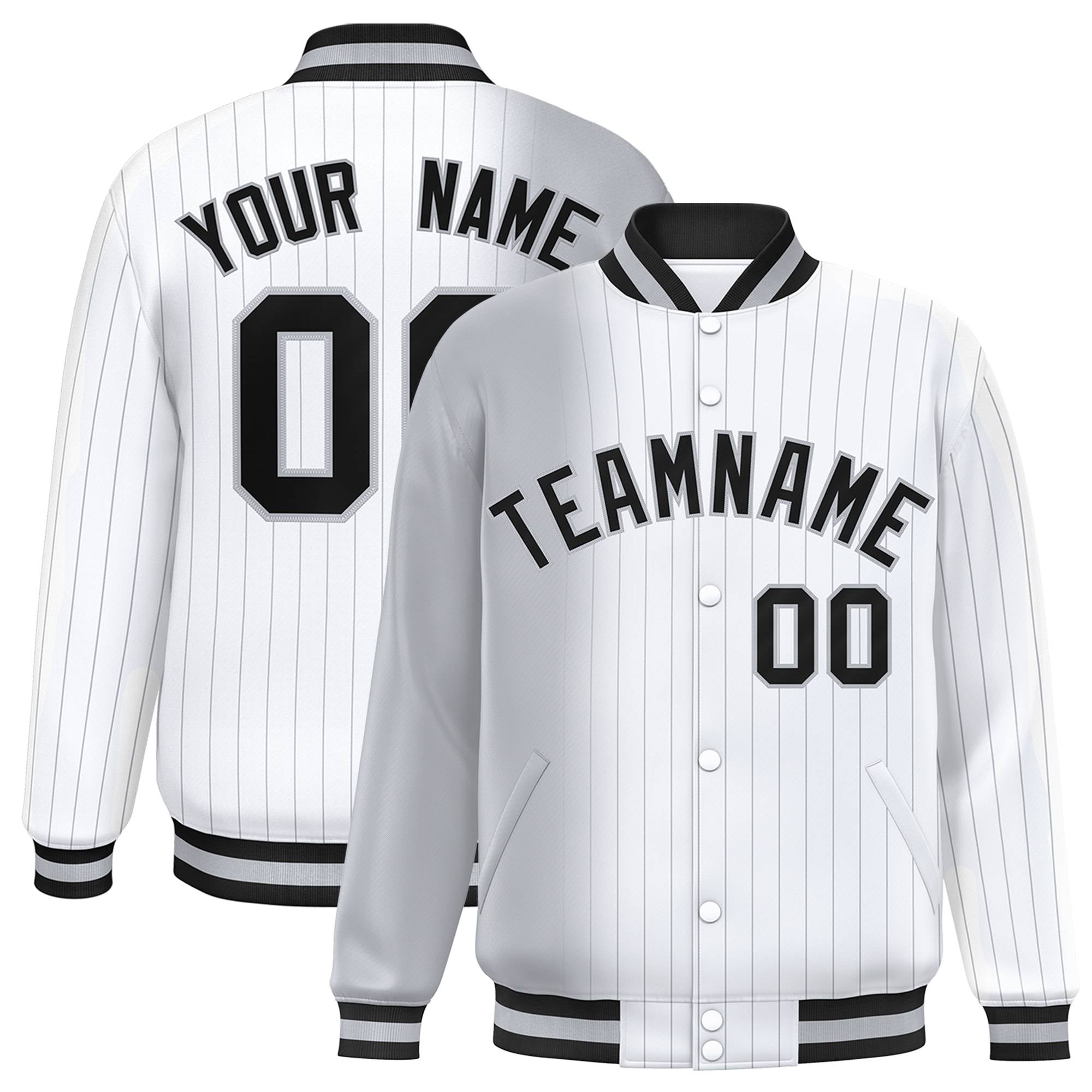 Custom White Gray Pinstripe Black-Gray Gradient Fashion Varsity Full-Snap Jacket