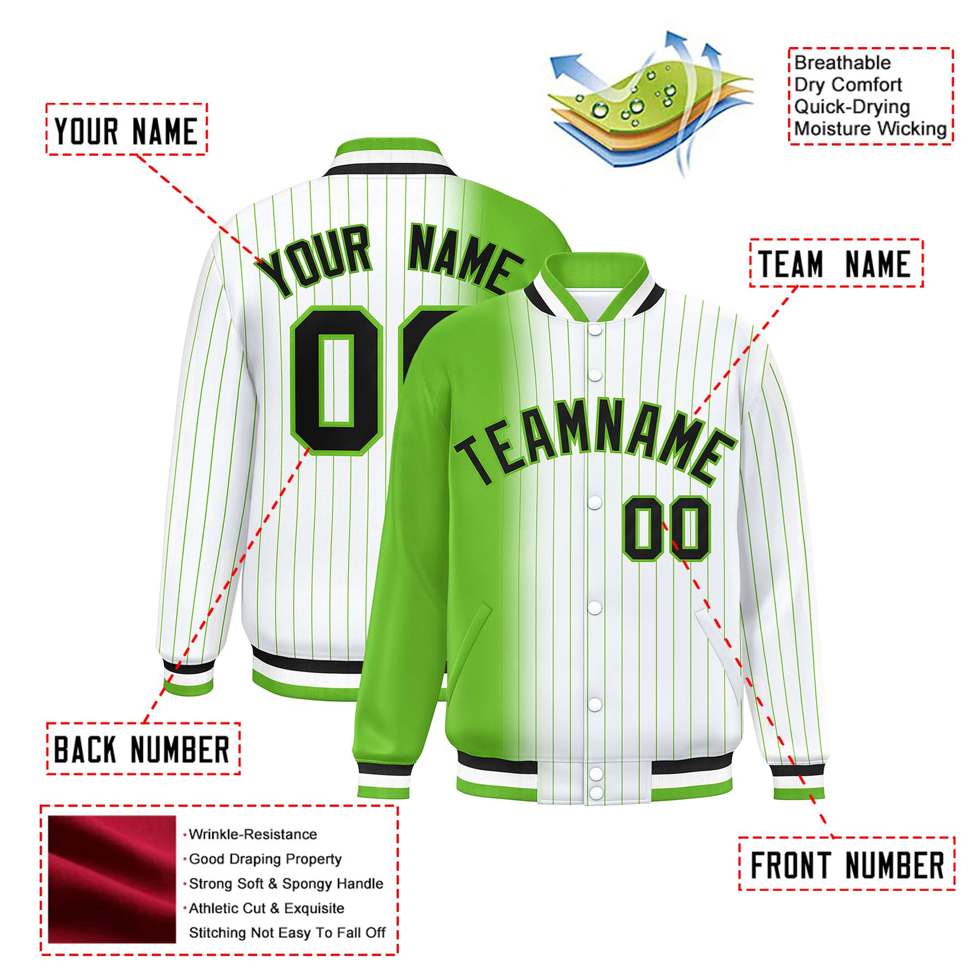 Custom White Neon-Green Pinstripe Black-Neon Green Gradient Fashion Varsity Full-Snap Jacket