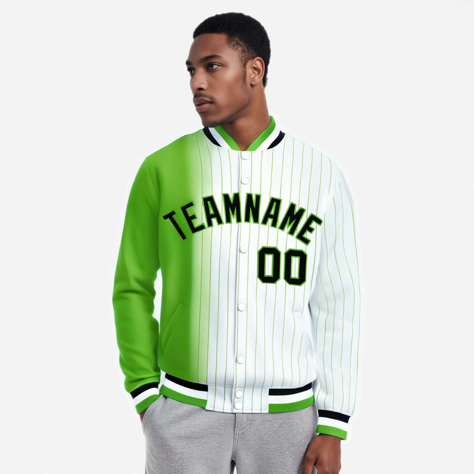 Custom White Neon-Green Pinstripe Black-Neon Green Gradient Fashion Varsity Full-Snap Jacket