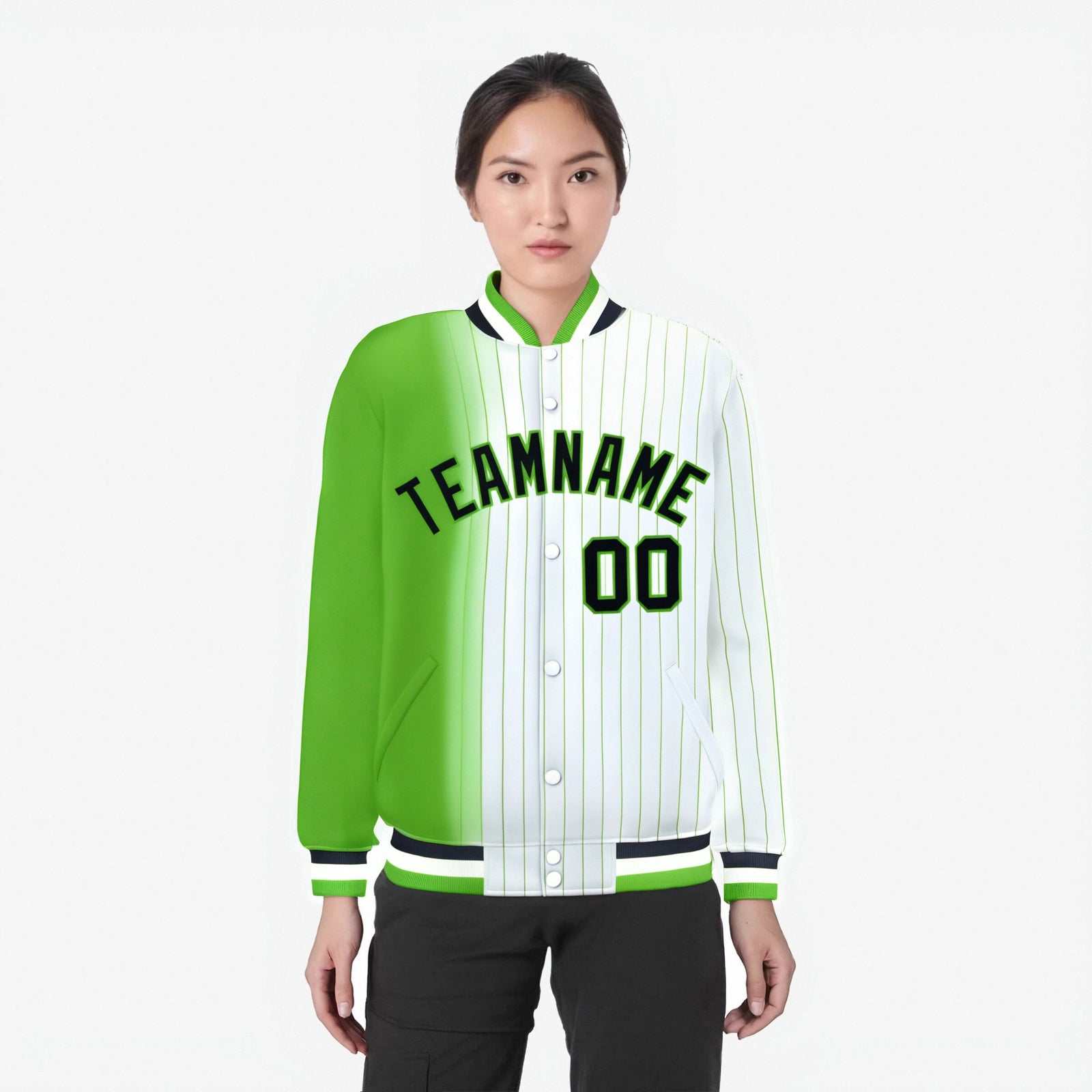 Custom White Neon-Green Pinstripe Black-Neon Green Gradient Fashion Varsity Full-Snap Jacket